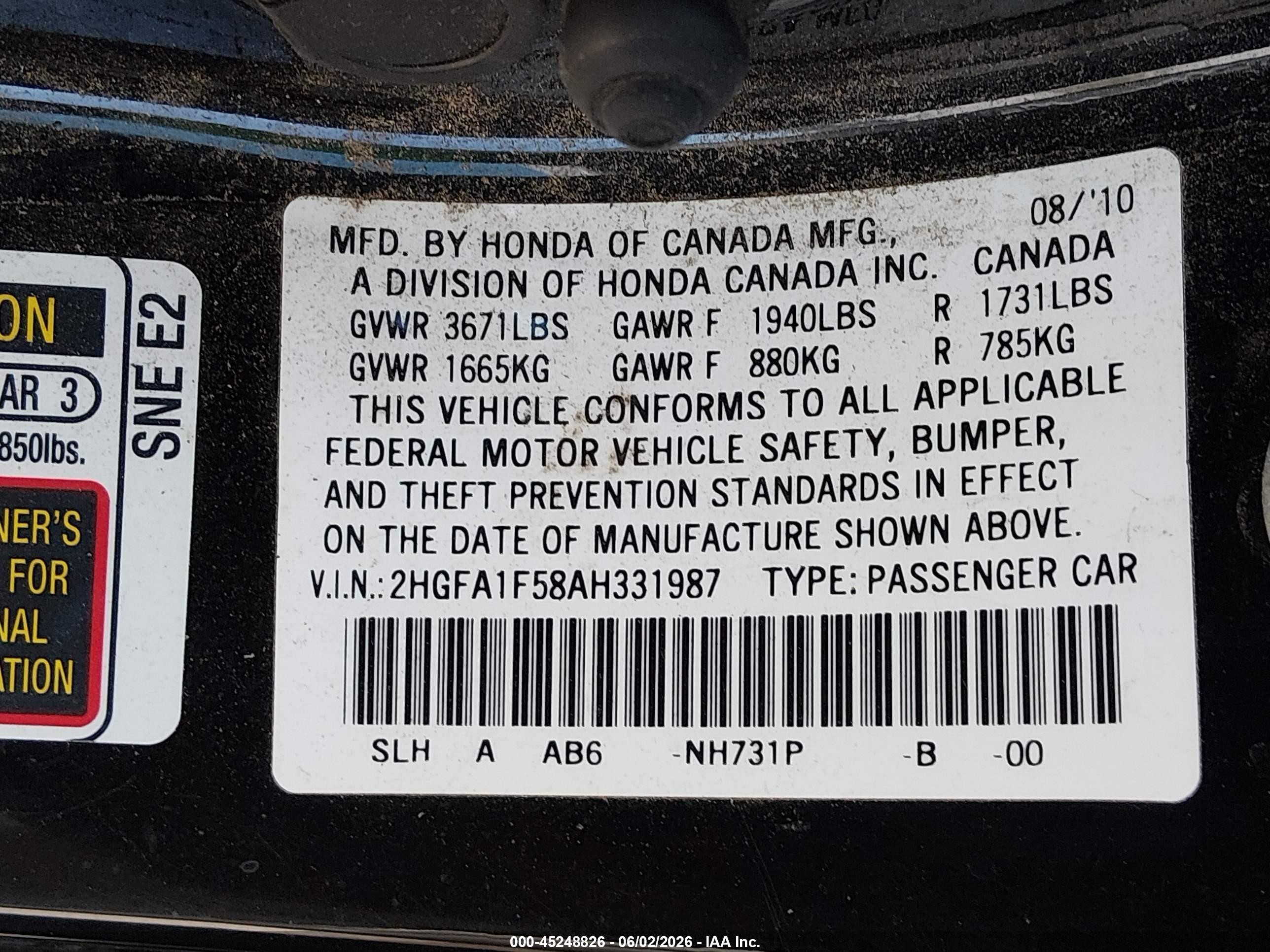 2010 Honda Civic Lx Черный vin: 2HGFA1F58AH331987