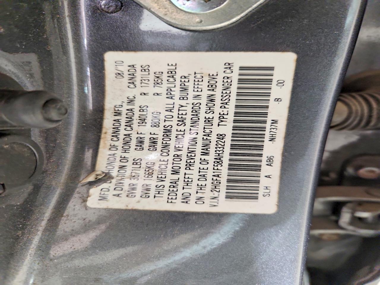 2010 Honda Civic Lx Серый vin: 2HGFA1F58AH332248