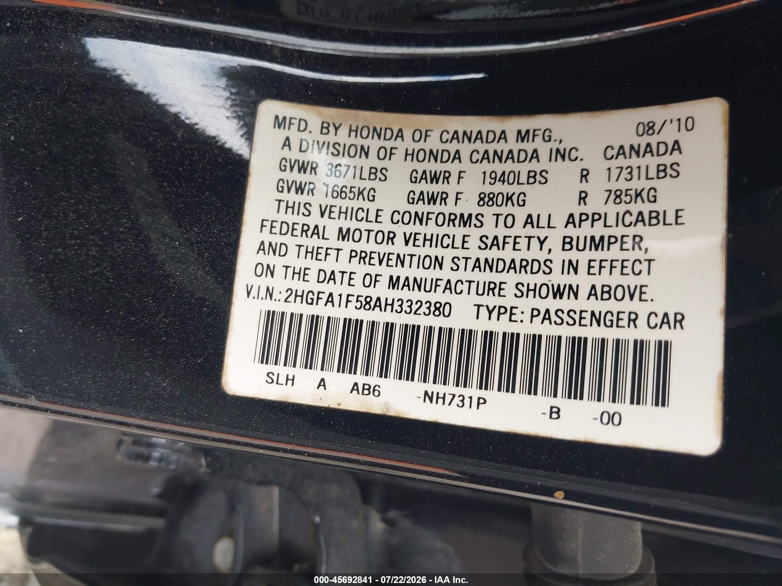 2010 Honda Civic Lx Black vin: 2HGFA1F58AH332380
