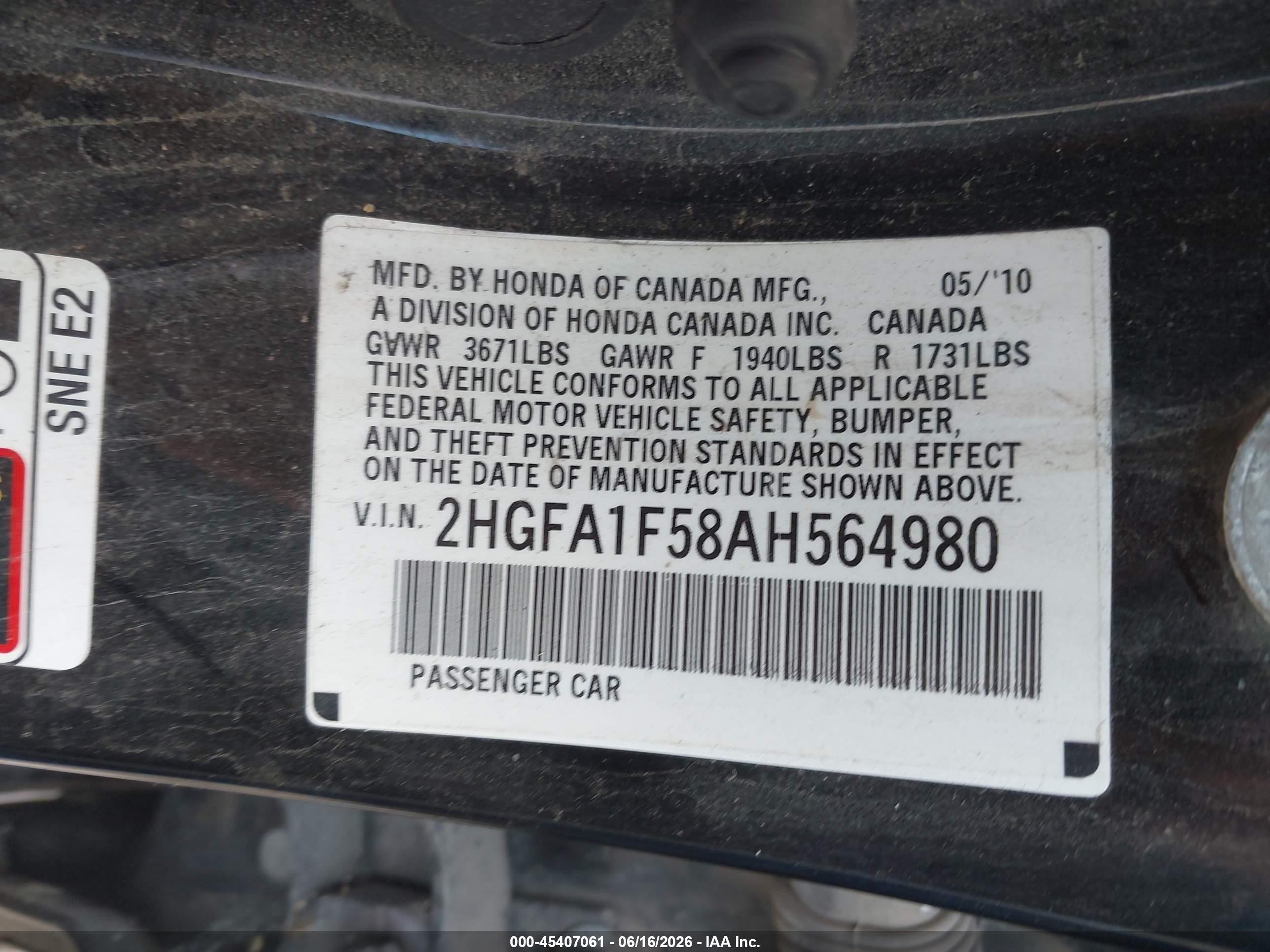 2010 Honda Civic Lx Black vin: 2HGFA1F58AH564980