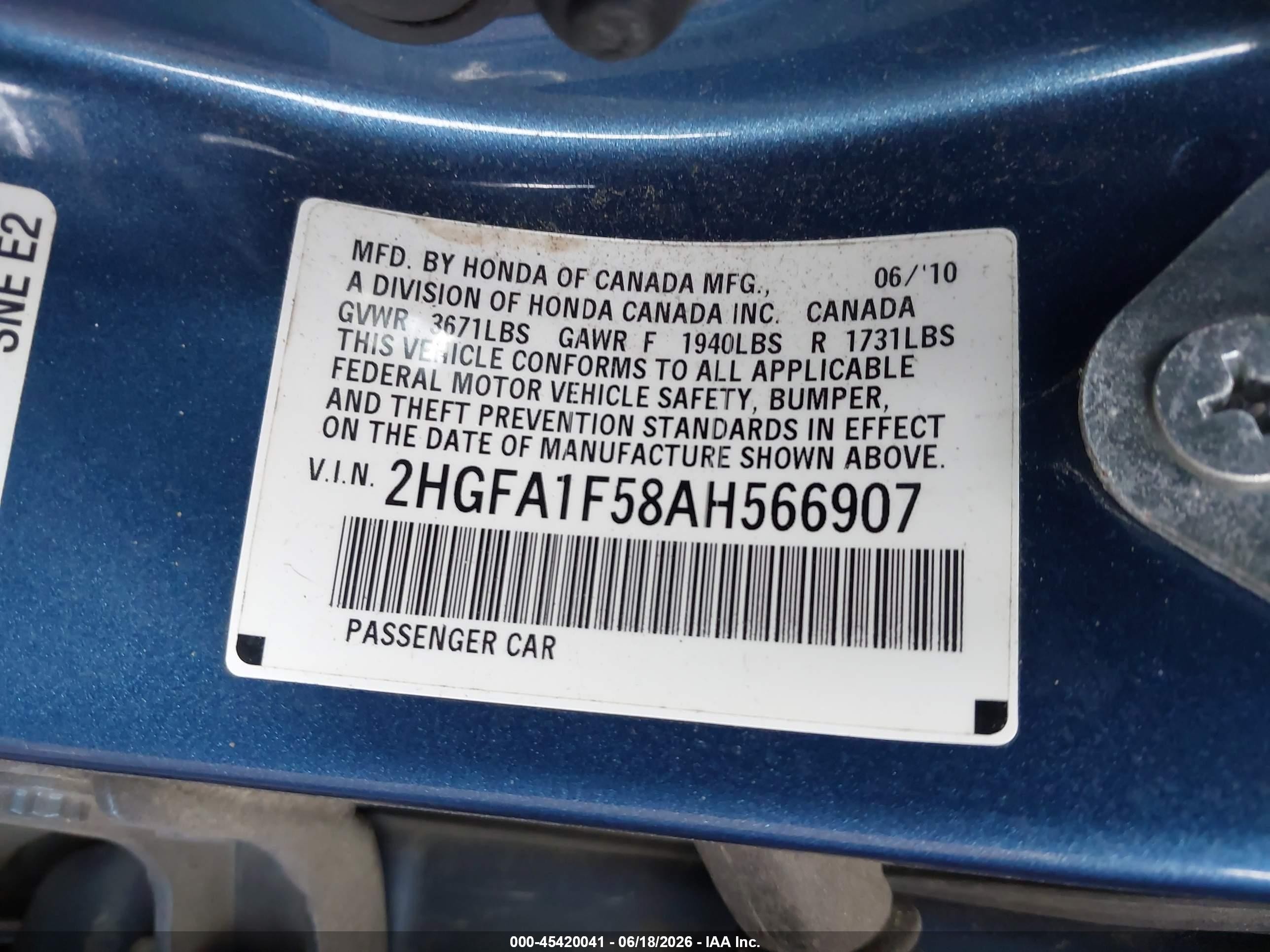 2010 Honda Civic Lx Blue vin: 2HGFA1F58AH566907