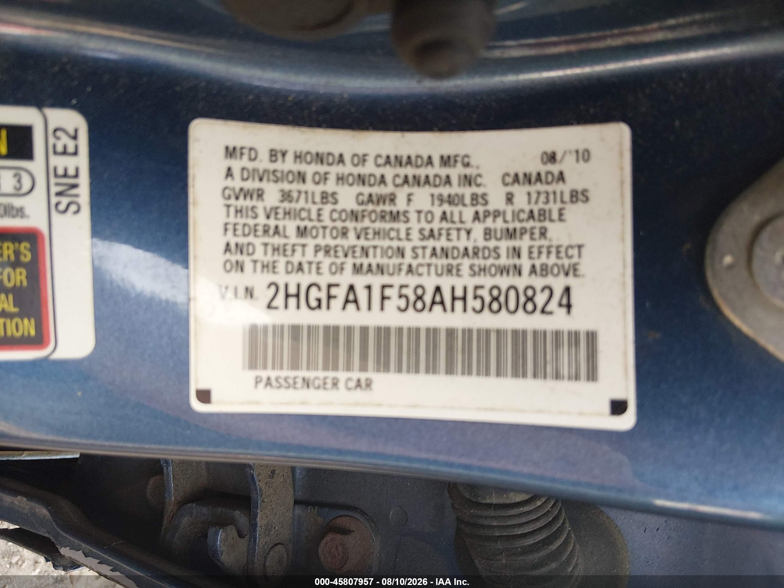 2010 Honda Civic Lx Blue vin: 2HGFA1F58AH580824