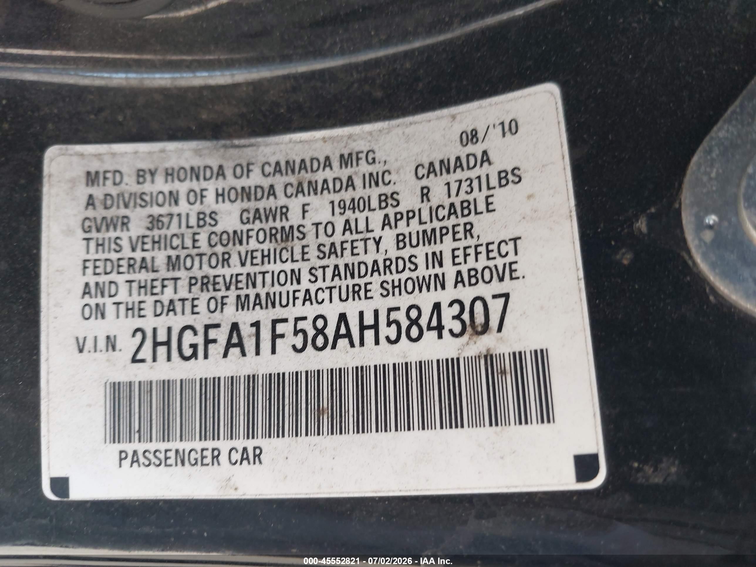2010 Honda Civic Lx Black vin: 2HGFA1F58AH584307