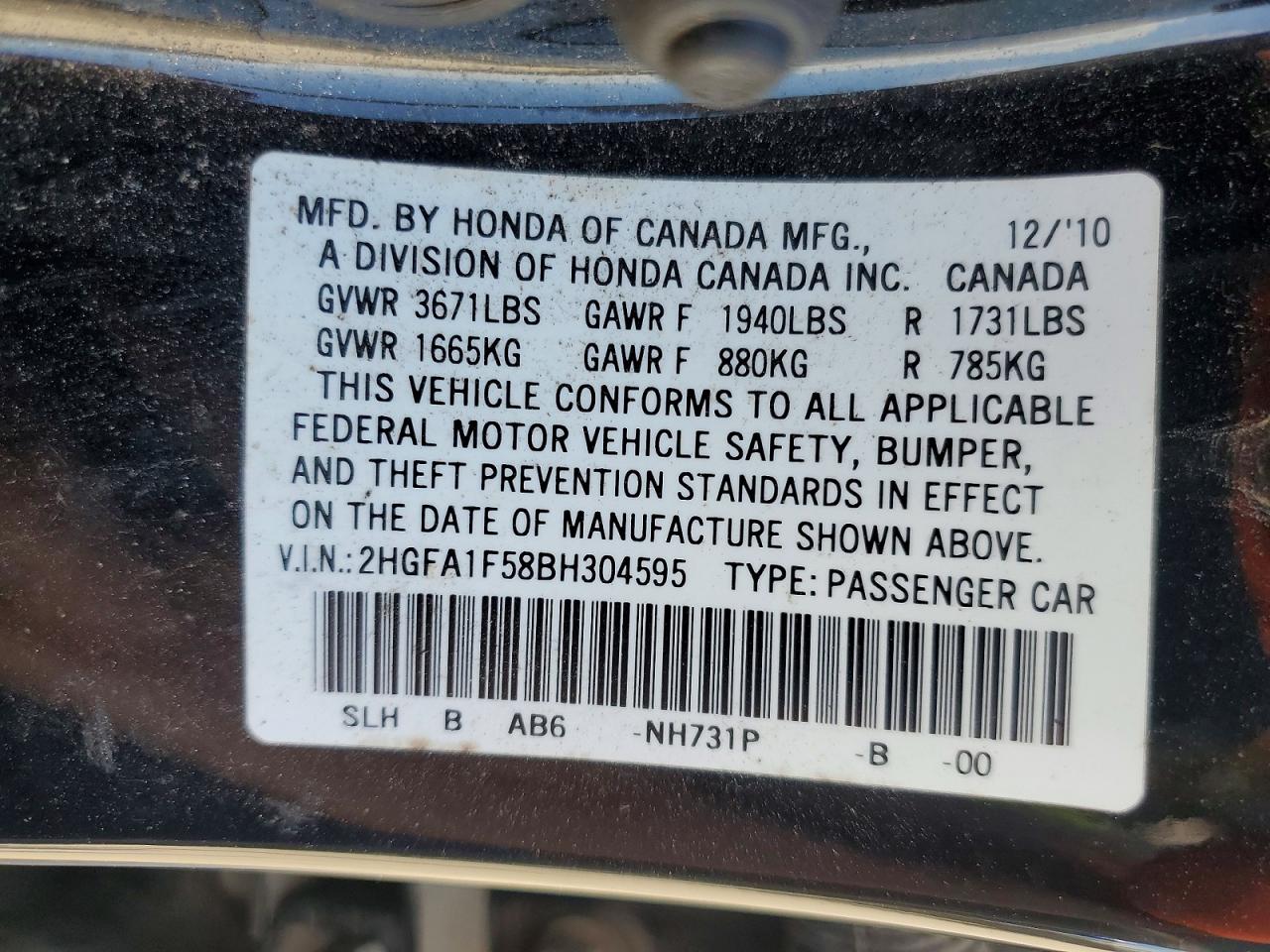 2011 Honda Civic Black vin: 2HGFA1F58BH304595