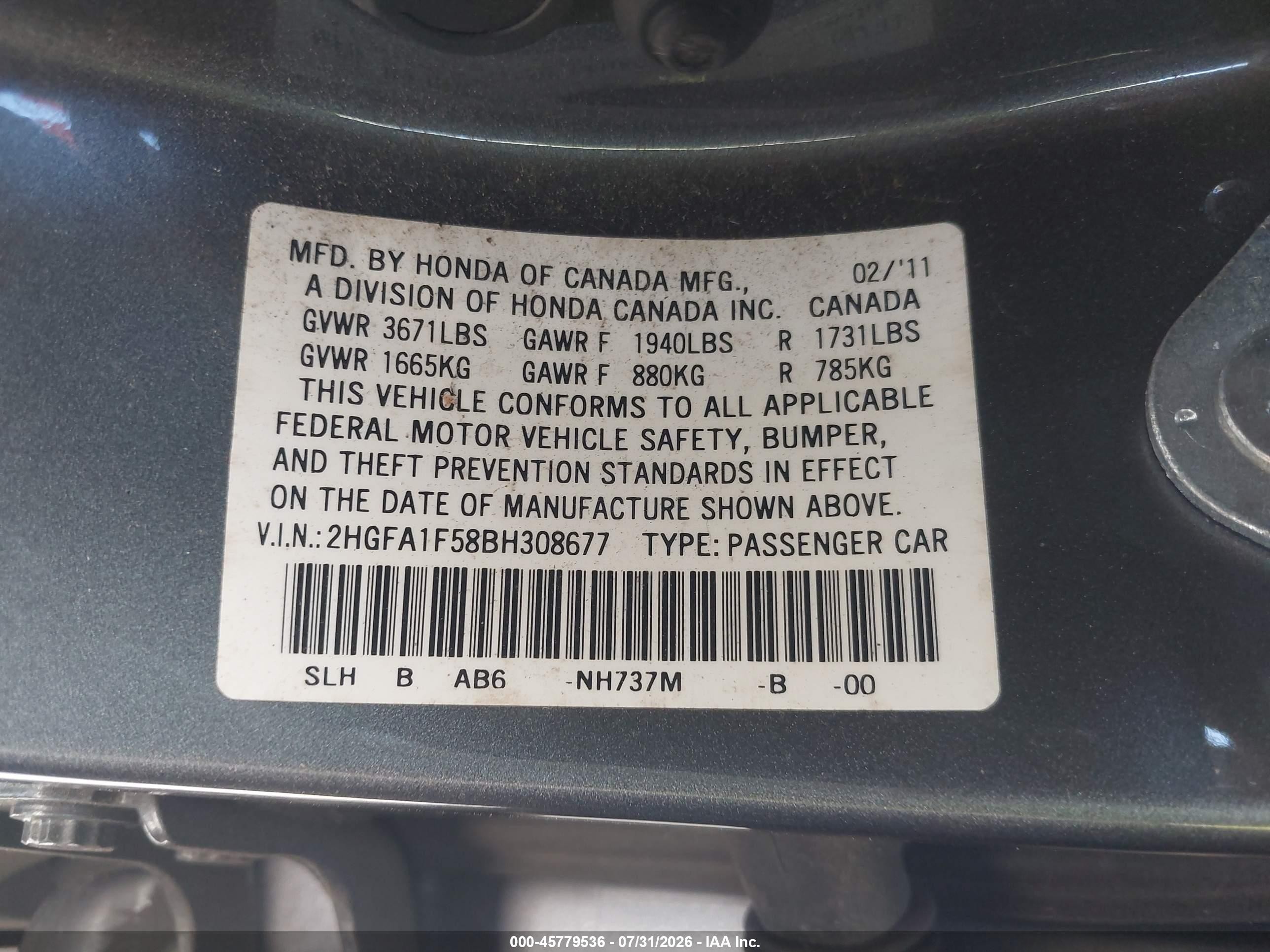 2011 Honda Civic Lx Gray vin: 2HGFA1F58BH308677