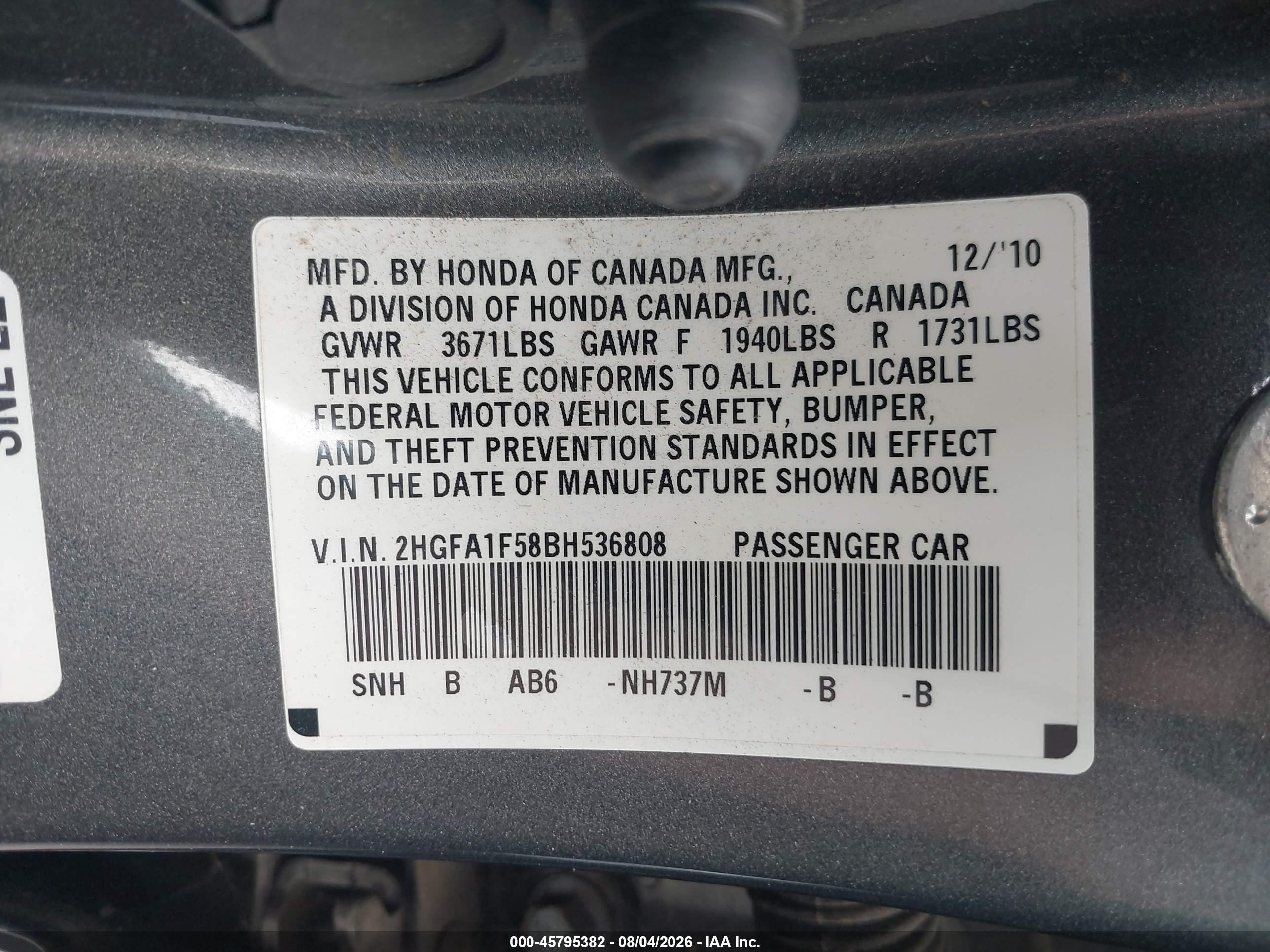 2011 Honda Civic Lx Gray vin: 2HGFA1F58BH536808