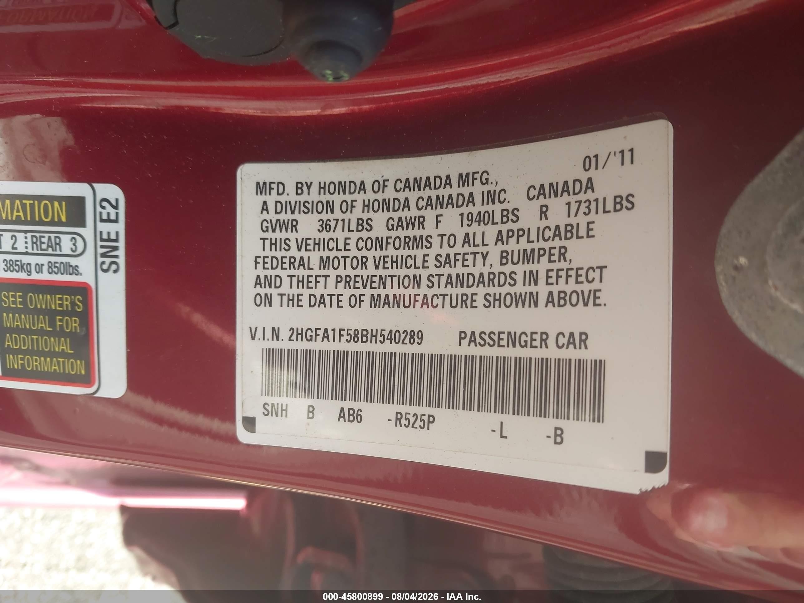 2011 Honda Civic Lx Red vin: 2HGFA1F58BH540289