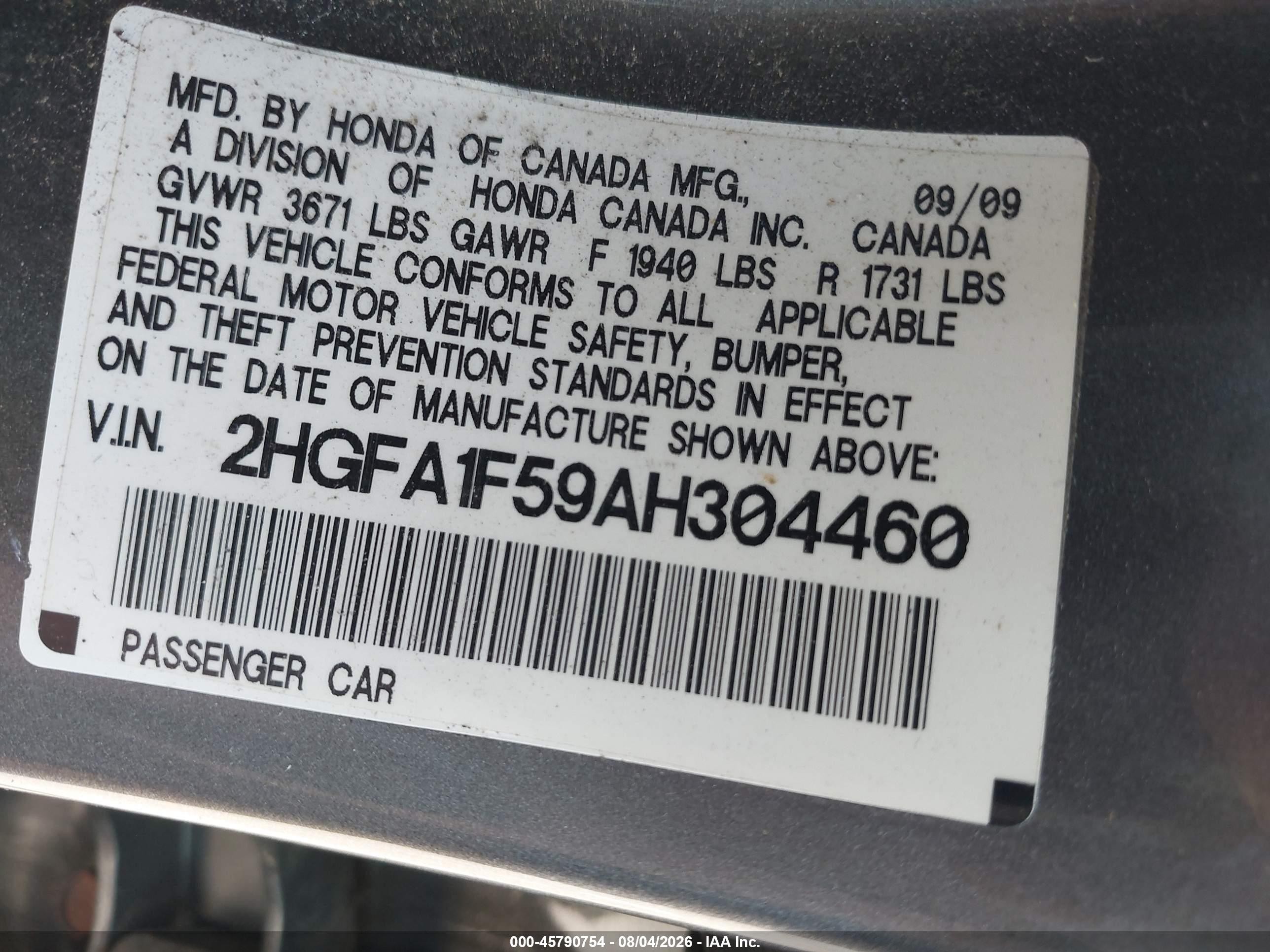 2010 Honda Civic Lx Gray vin: 2HGFA1F59AH304460