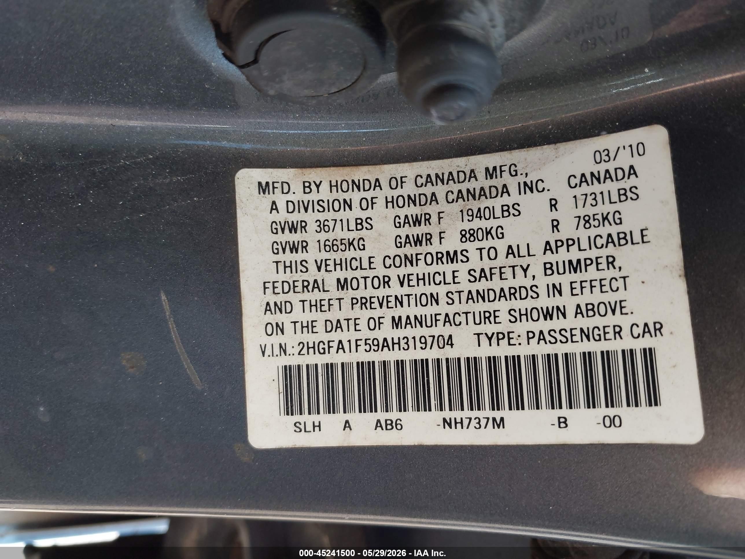 2010 Honda Civic Lx Gray vin: 2HGFA1F59AH319704