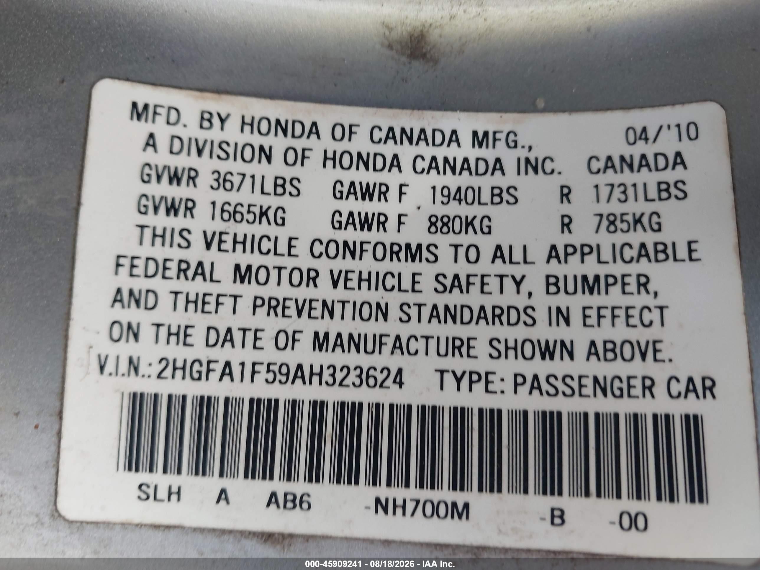 2010 Honda Civic Lx Silver vin: 2HGFA1F59AH323624