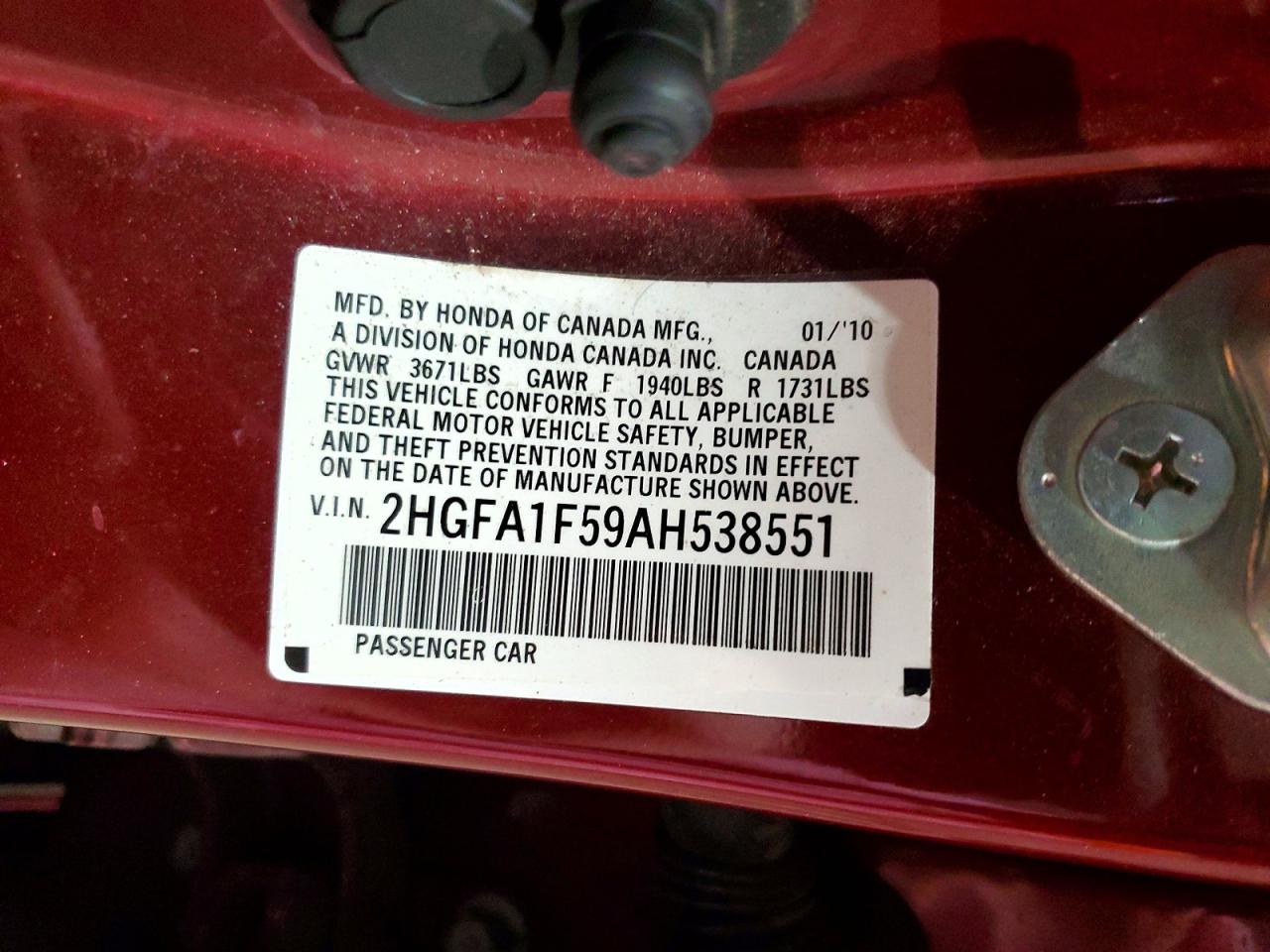 2010 Honda Civic Lx Burgundy vin: 2HGFA1F59AH538551