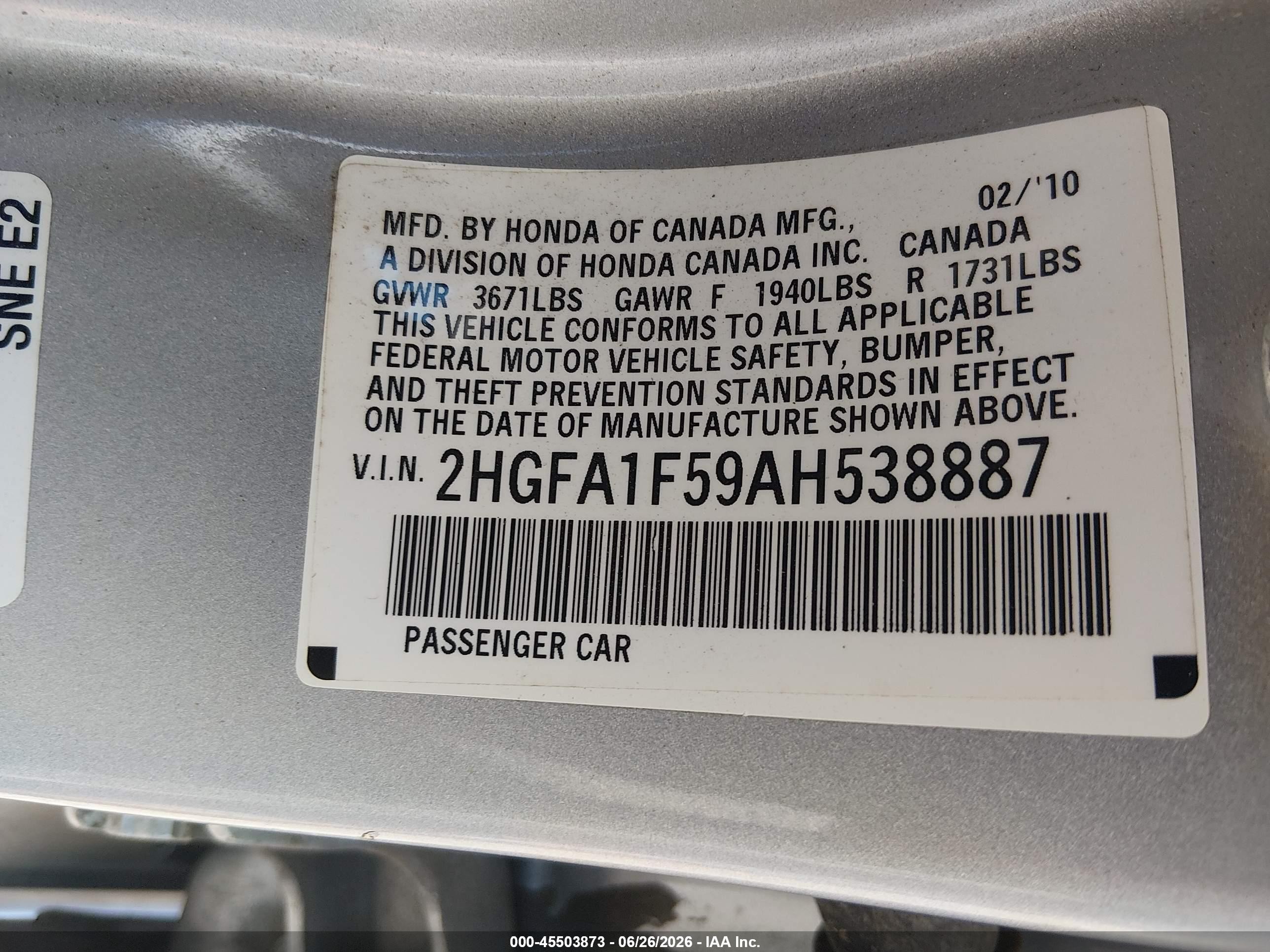 2010 Honda Civic Lx Silver vin: 2HGFA1F59AH538887