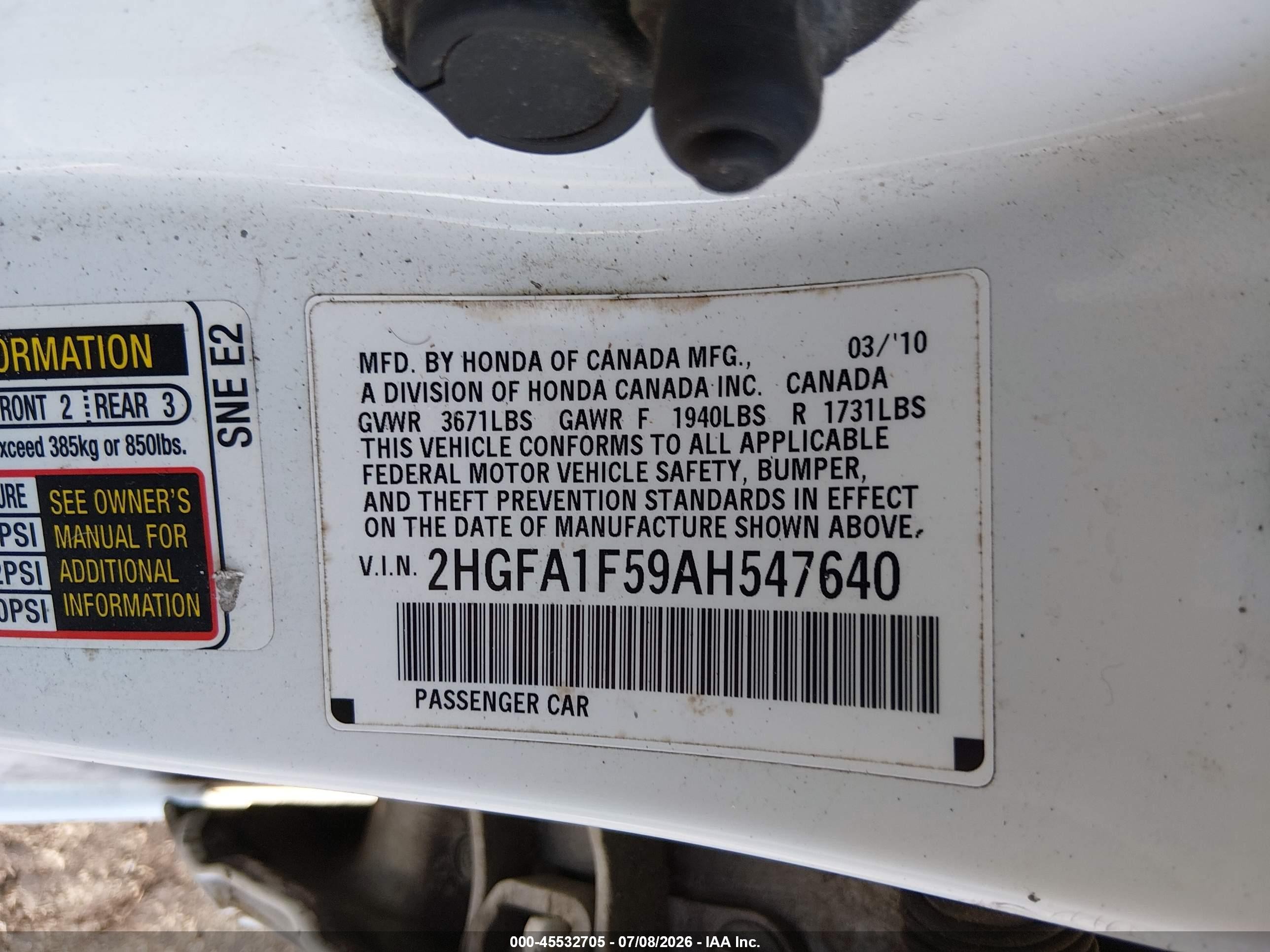 2010 Honda Civic Lx White vin: 2HGFA1F59AH547640