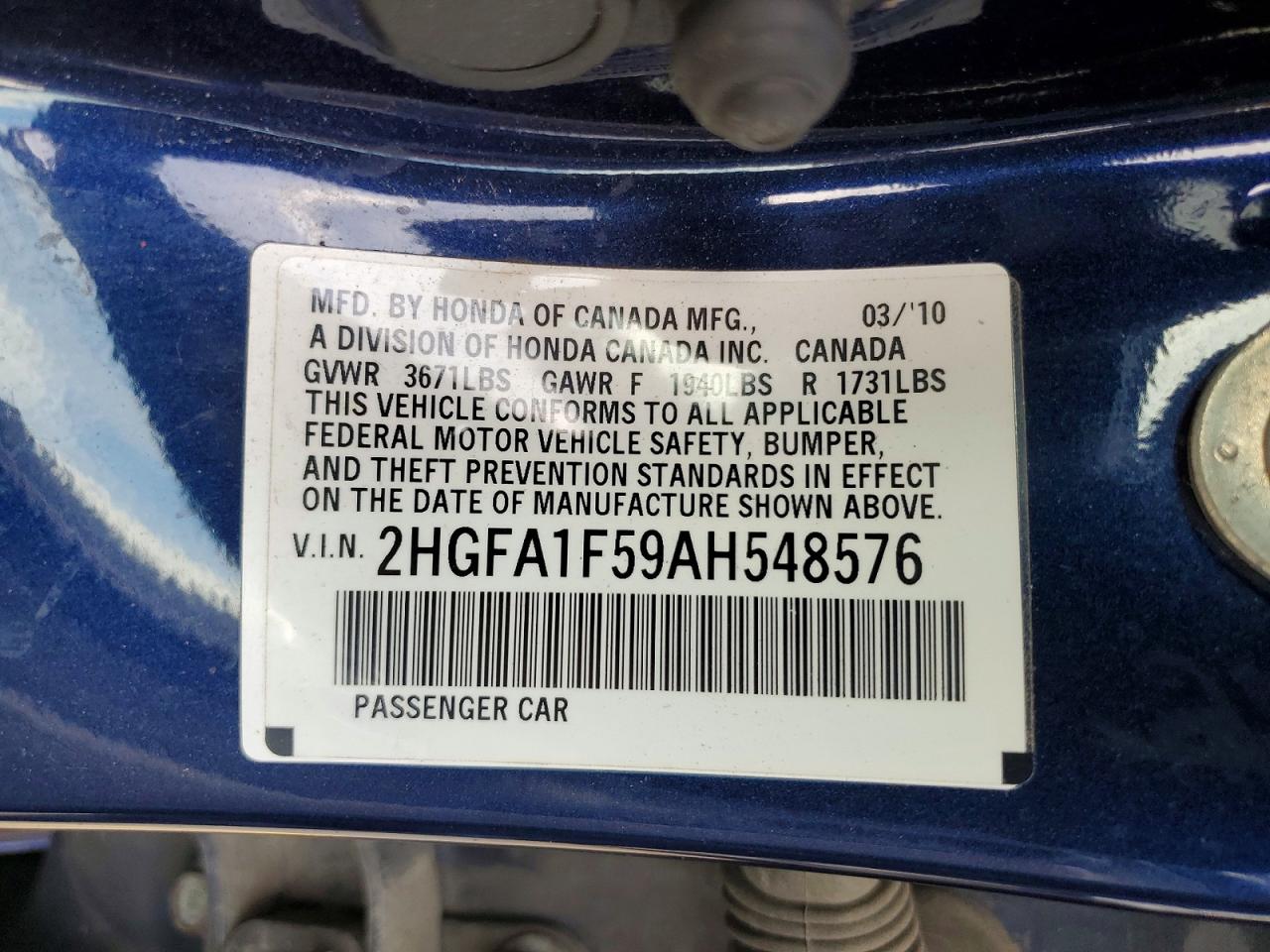 2010 Honda Civic Lx Blue vin: 2HGFA1F59AH548576
