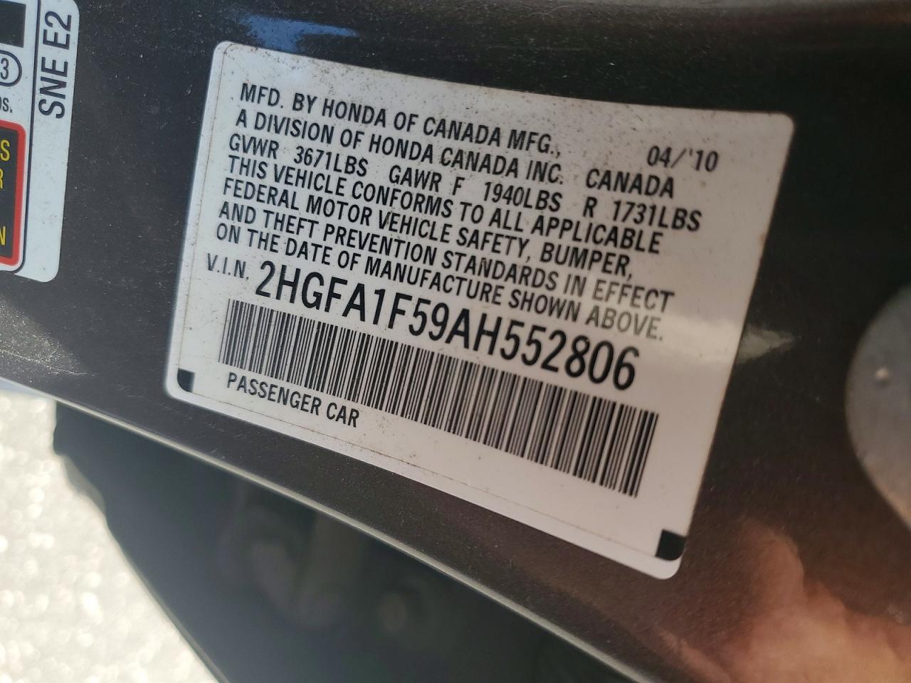 2010 Honda Civic Lx Gray vin: 2HGFA1F59AH552806