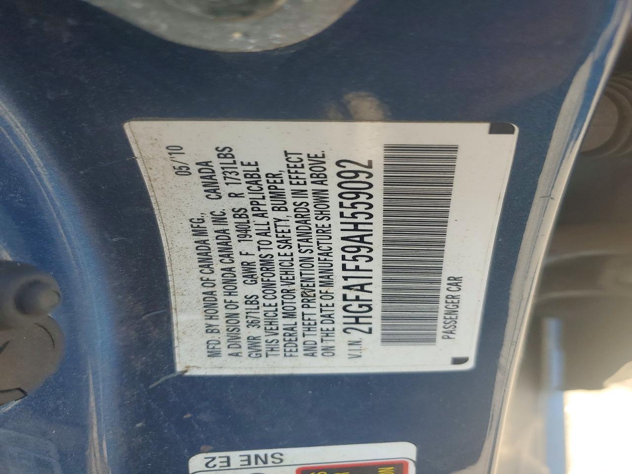 2010 Honda Civic Lx Blue vin: 2HGFA1F59AH559092