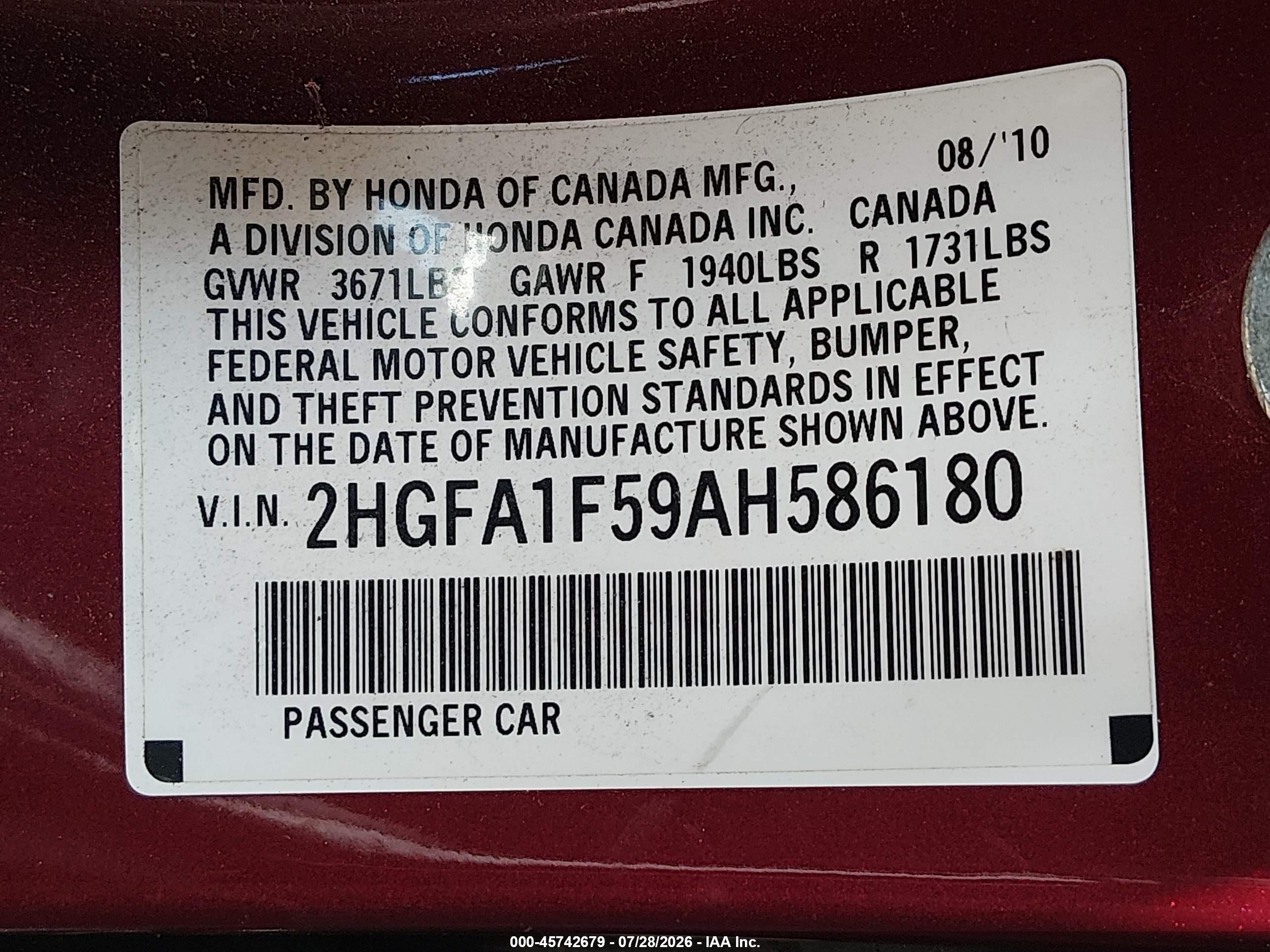 2010 Honda Civic Lx Бордовый vin: 2HGFA1F59AH586180