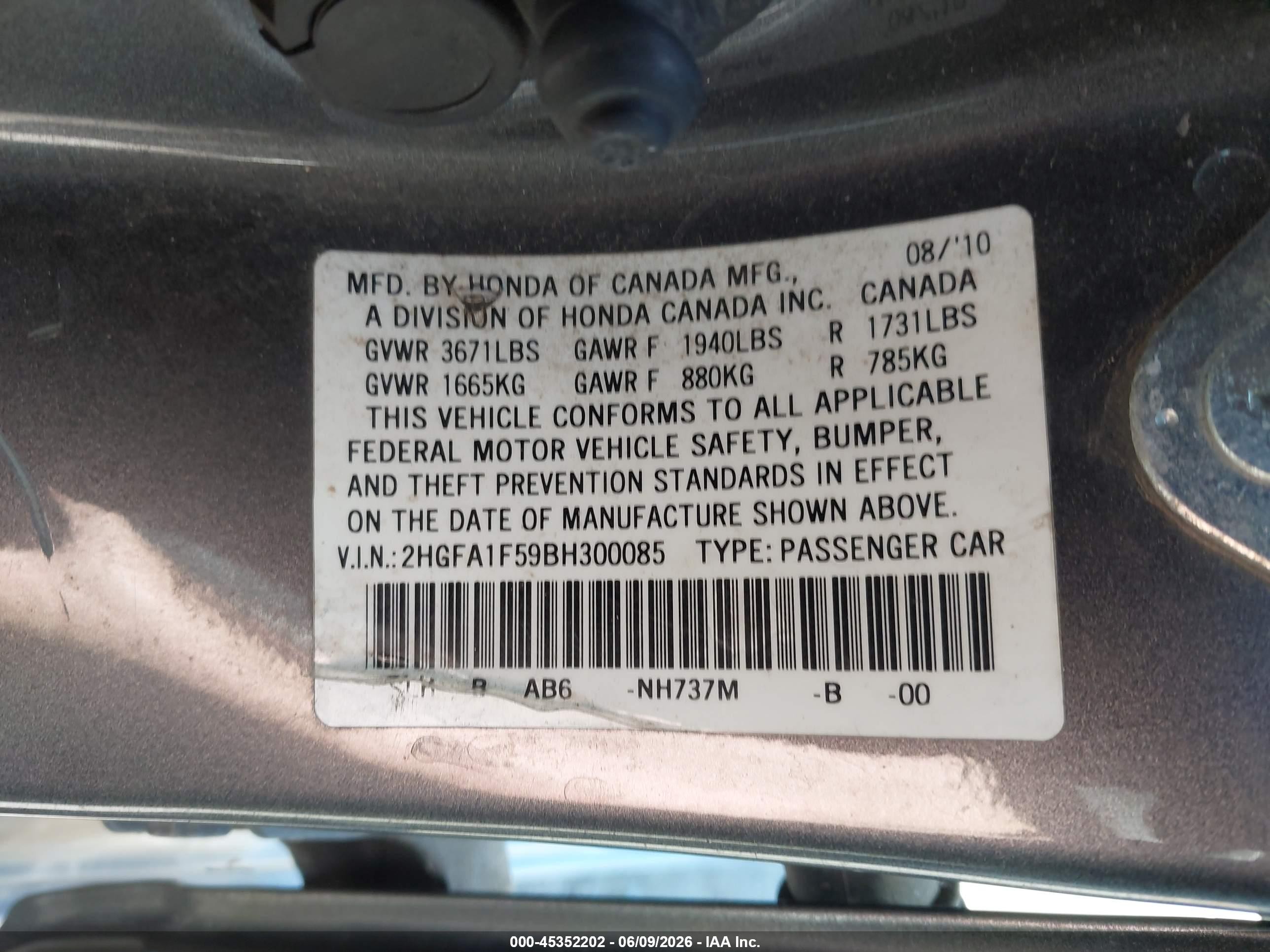 2011 Honda Civic Lx Gray vin: 2HGFA1F59BH300085