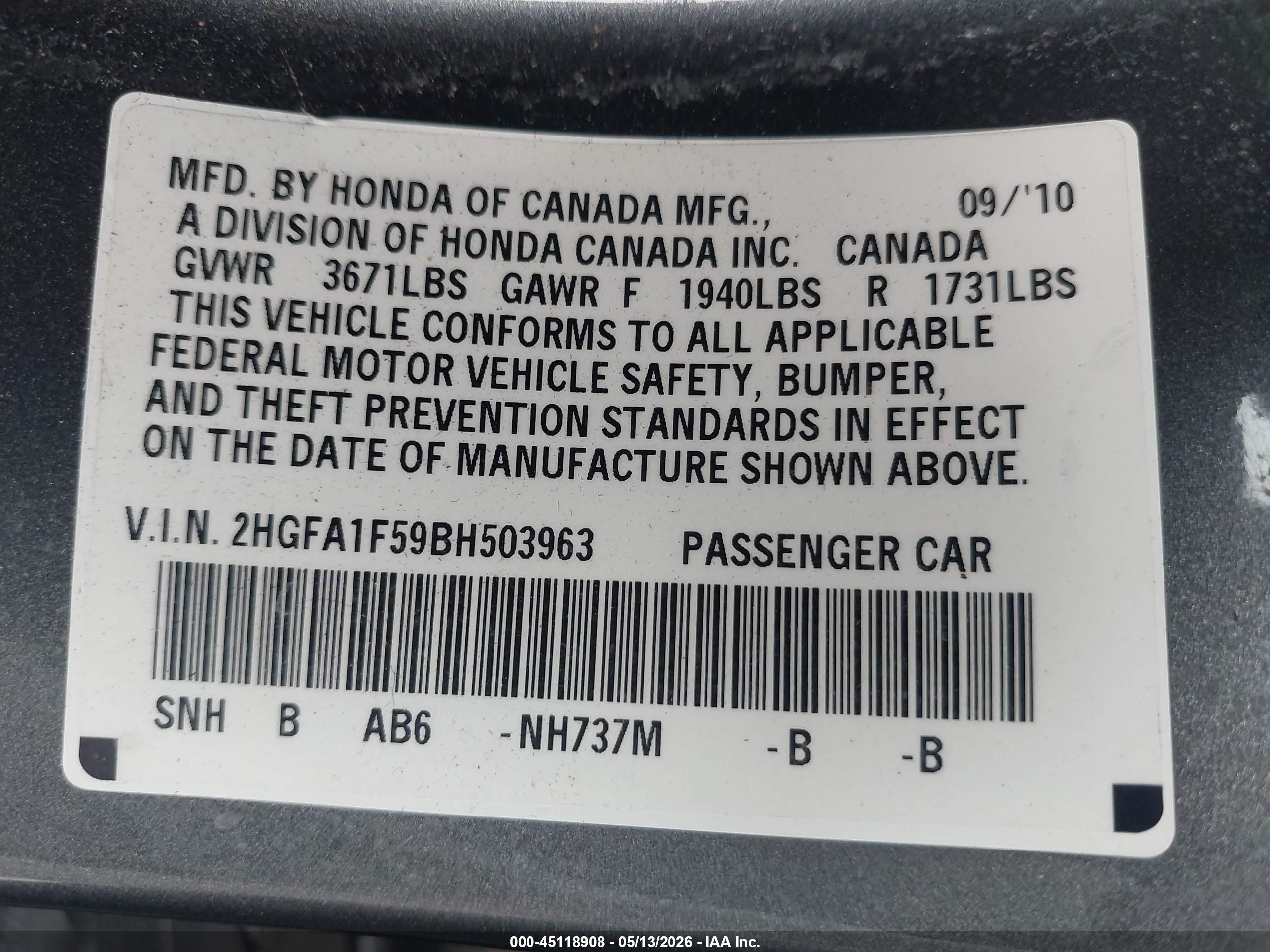 2011 Honda Civic Lx Gray vin: 2HGFA1F59BH503963