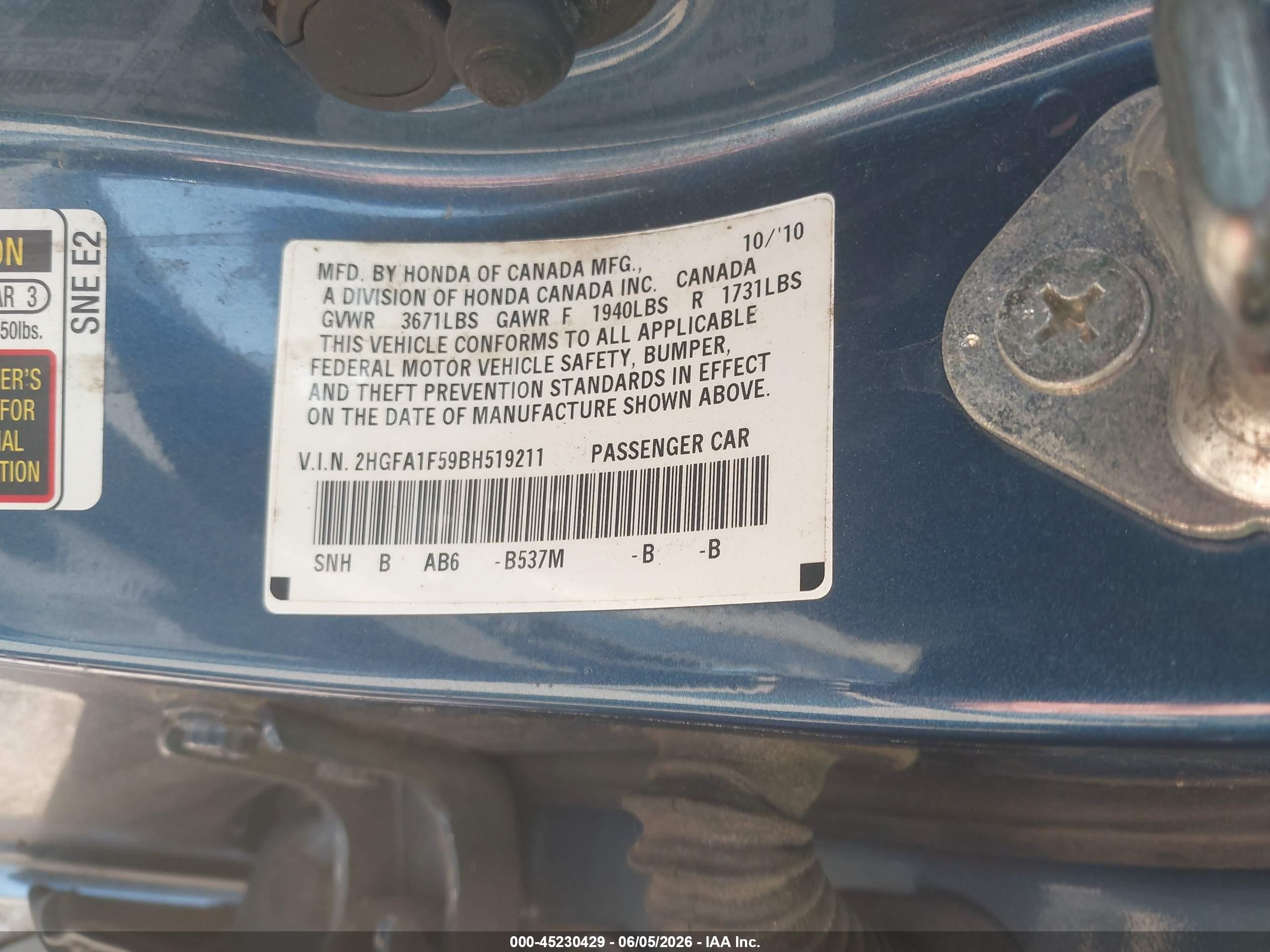 2011 Honda Civic Lx Blue vin: 2HGFA1F59BH519211