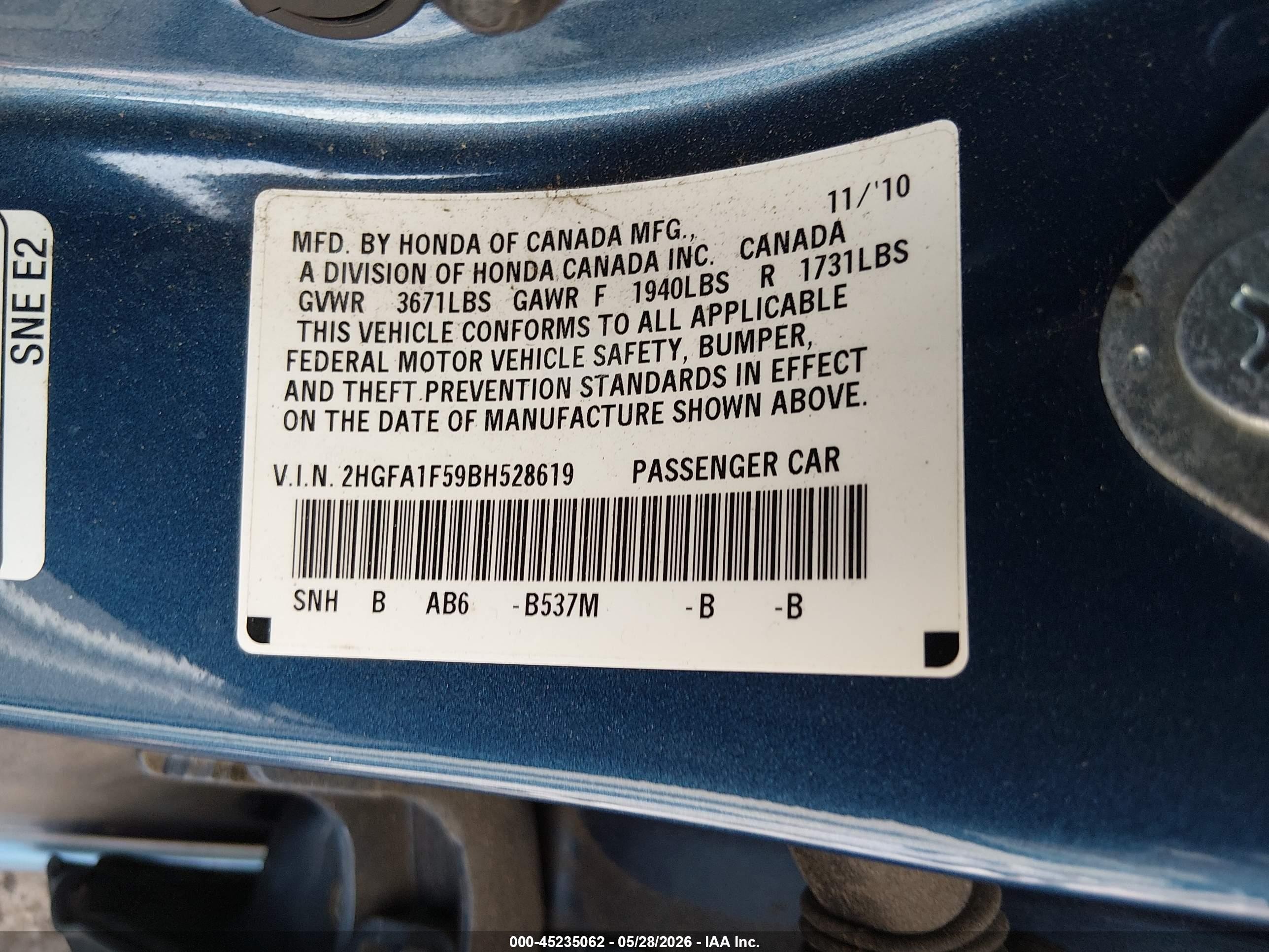 2011 Honda Civic Lx Blue vin: 2HGFA1F59BH528619