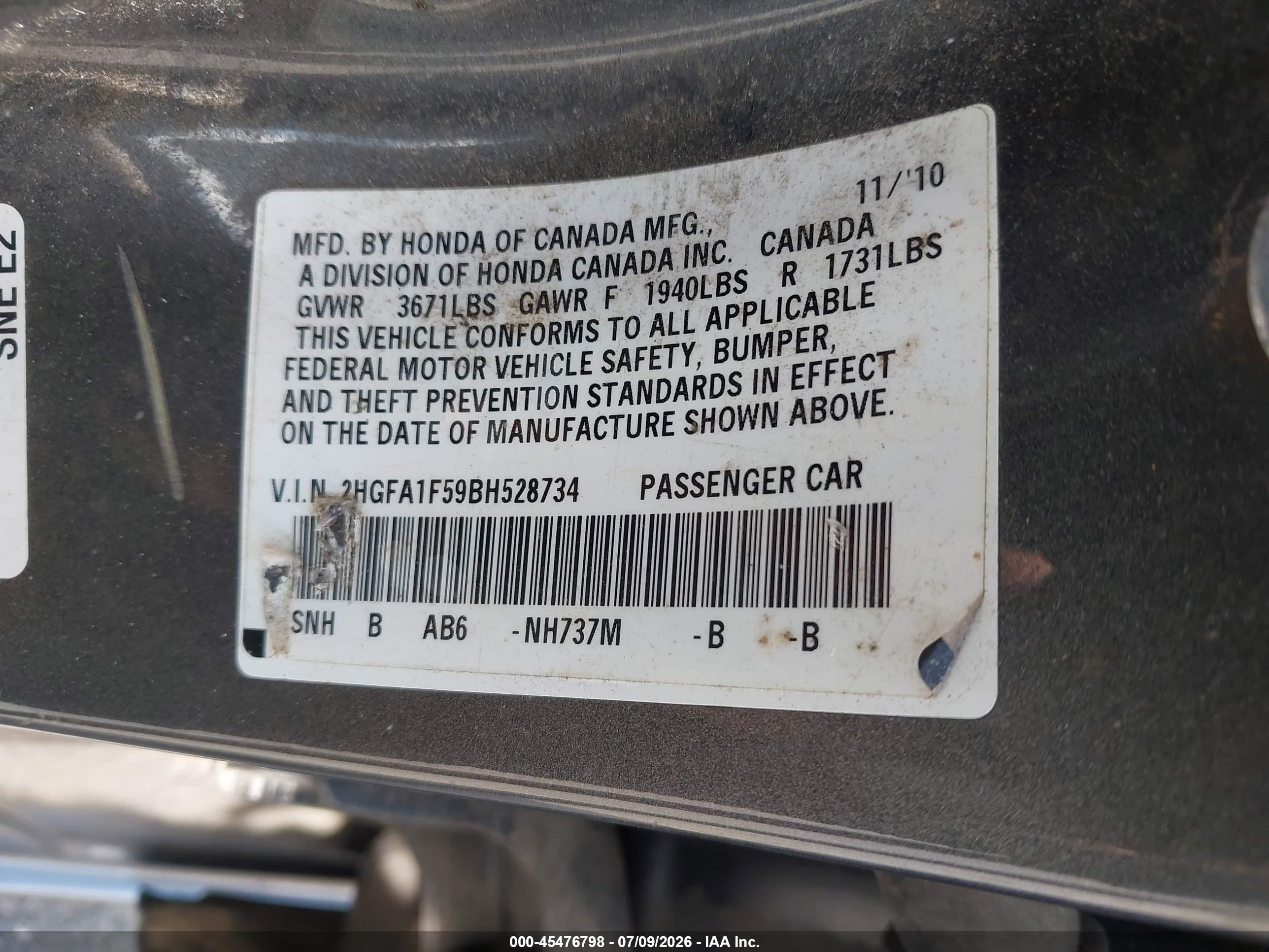 2011 Honda Civic Lx Gray vin: 2HGFA1F59BH528734