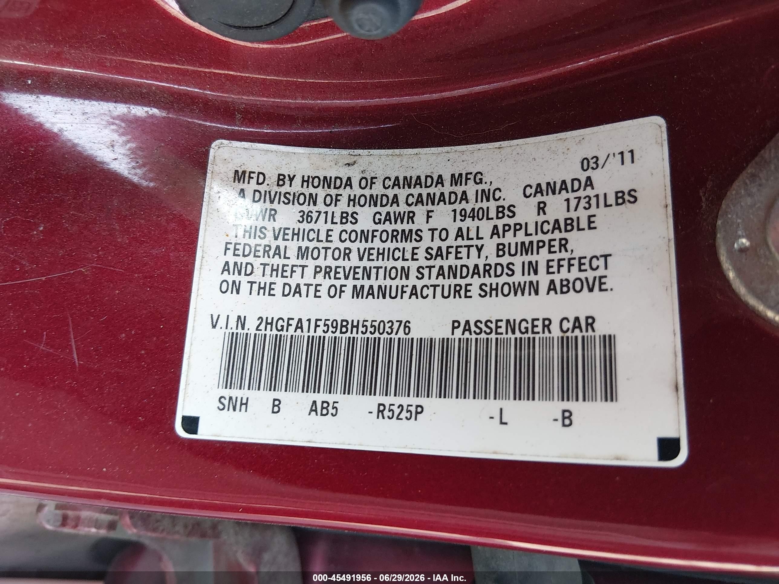 2011 Honda Civic Lx Red vin: 2HGFA1F59BH550376