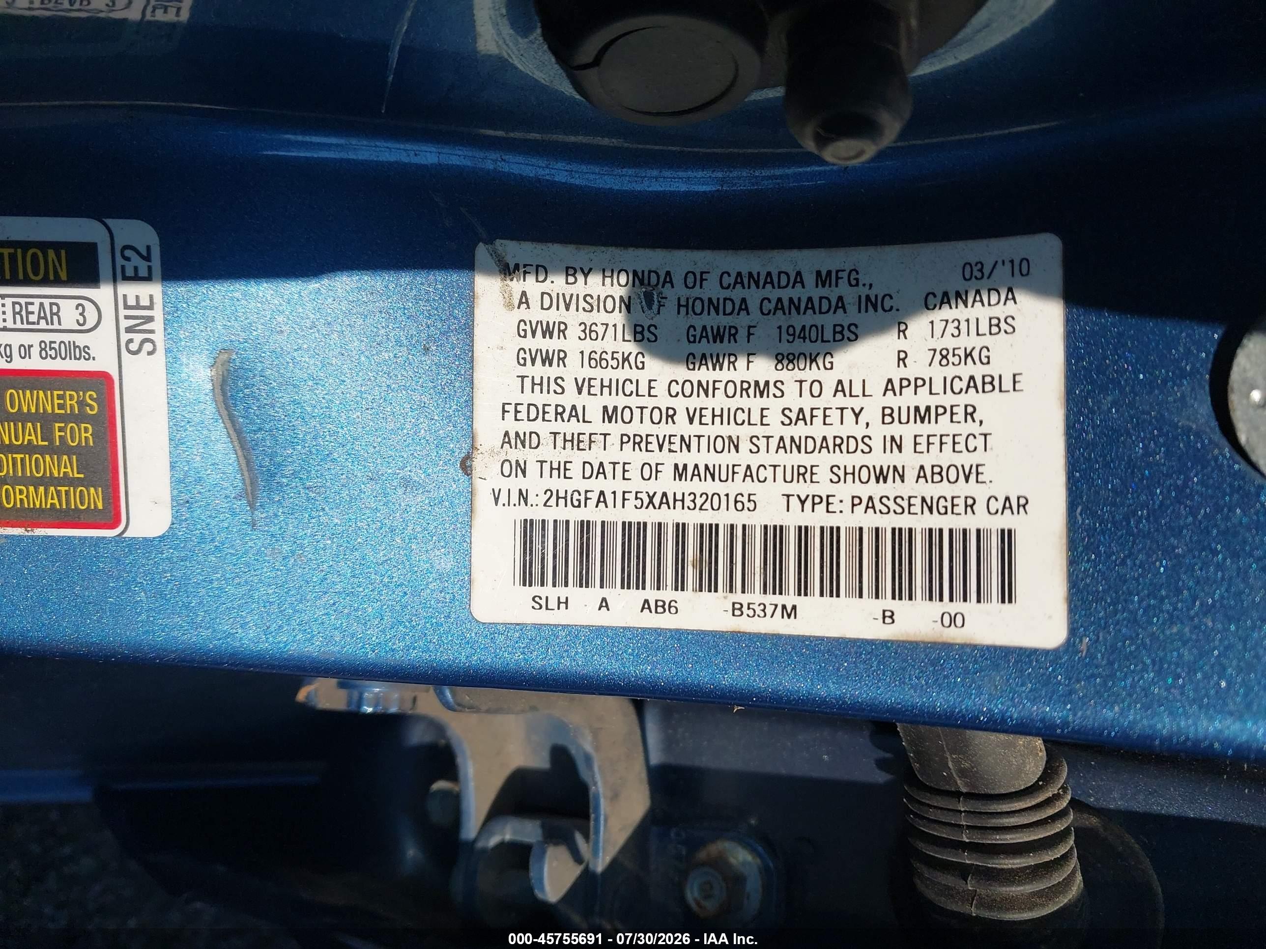 2010 Honda Civic Lx Blue vin: 2HGFA1F5XAH320165