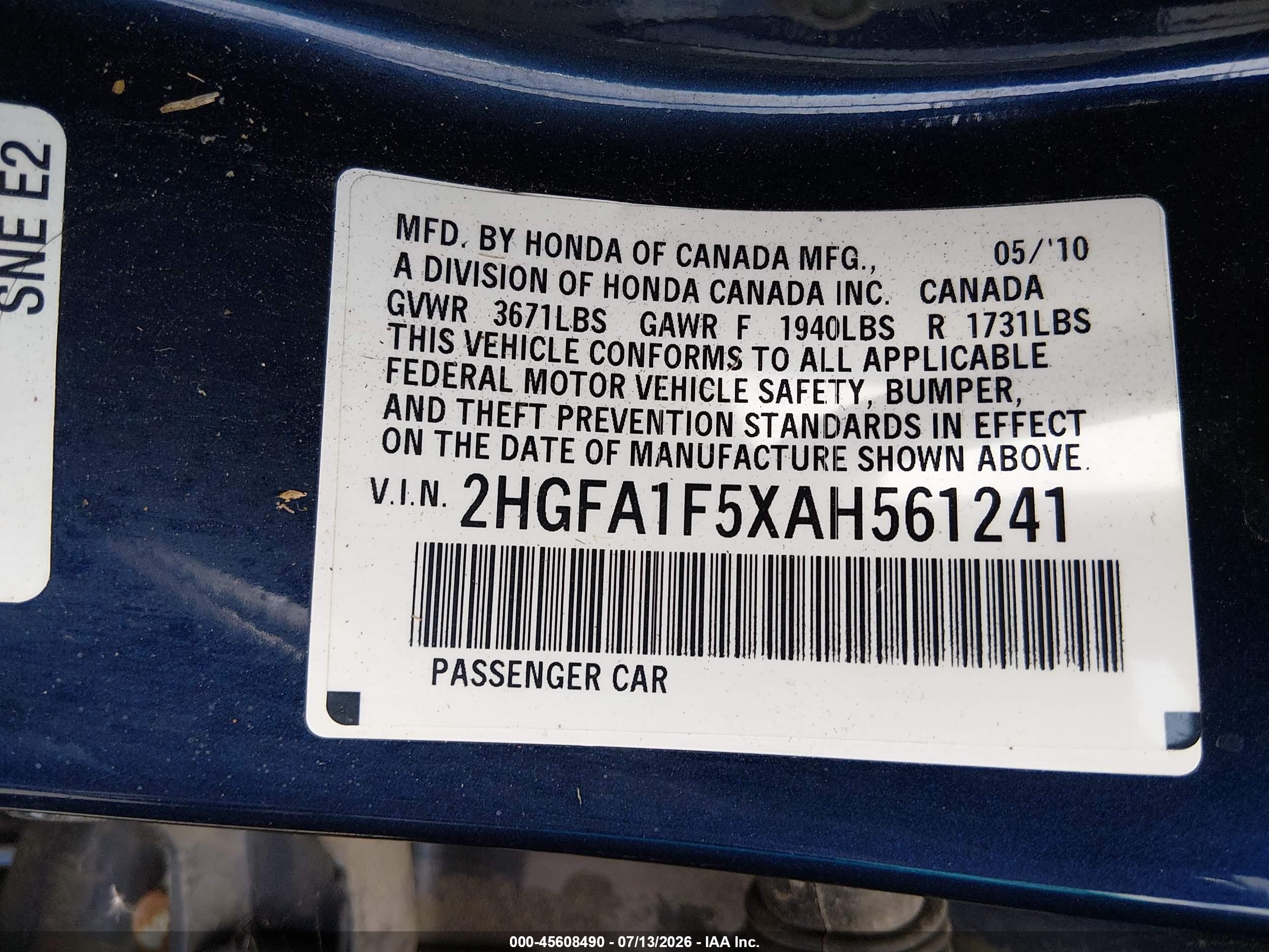2010 Honda Civic Lx Blue vin: 2HGFA1F5XAH561241