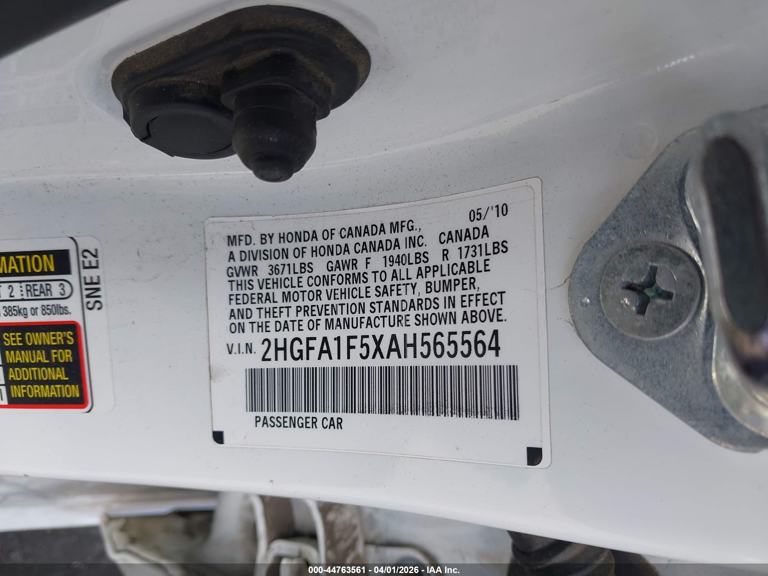 2010 Honda Civic Lx White vin: 2HGFA1F5XAH565564