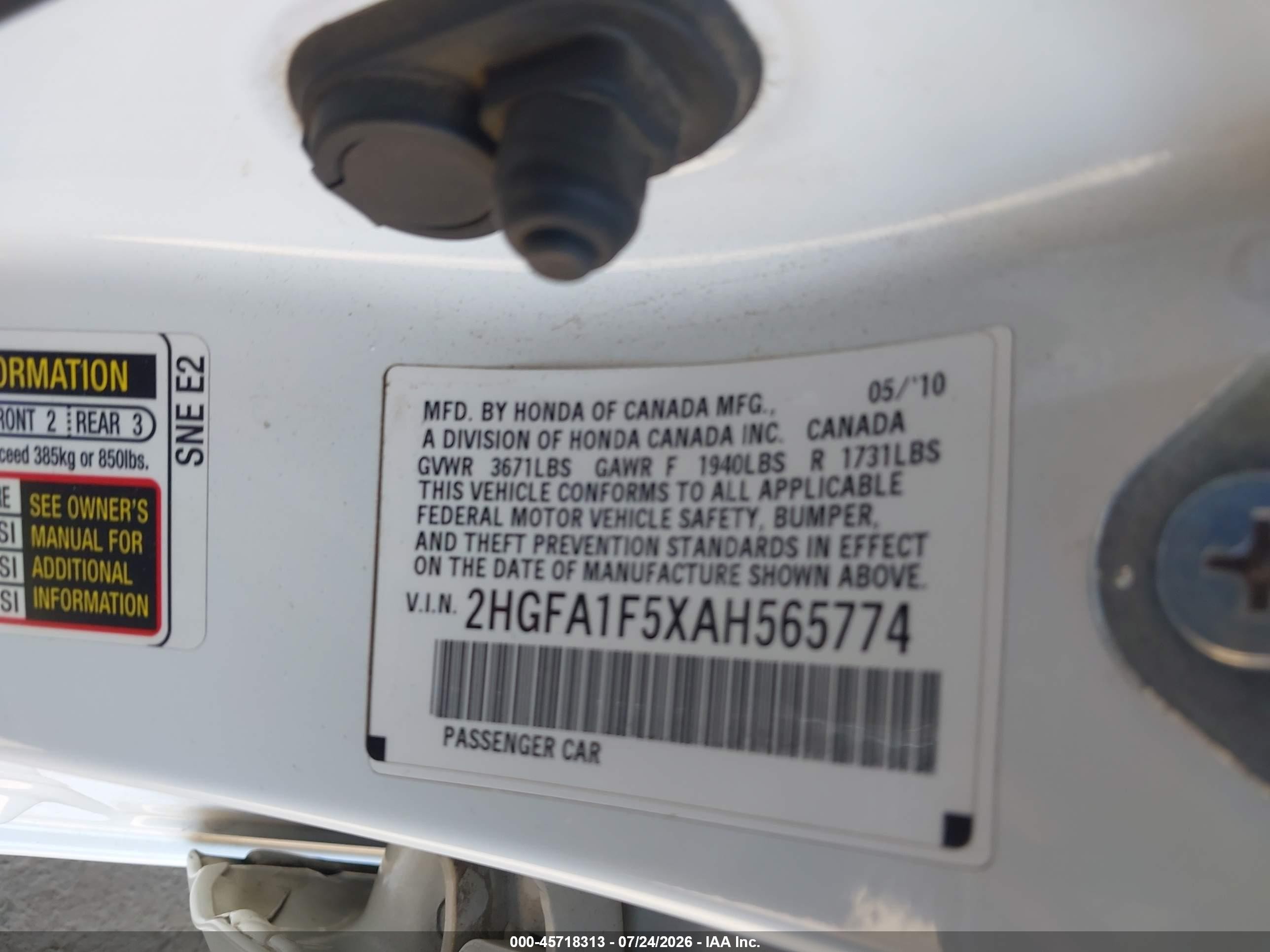2010 Honda Civic Lx White vin: 2HGFA1F5XAH565774