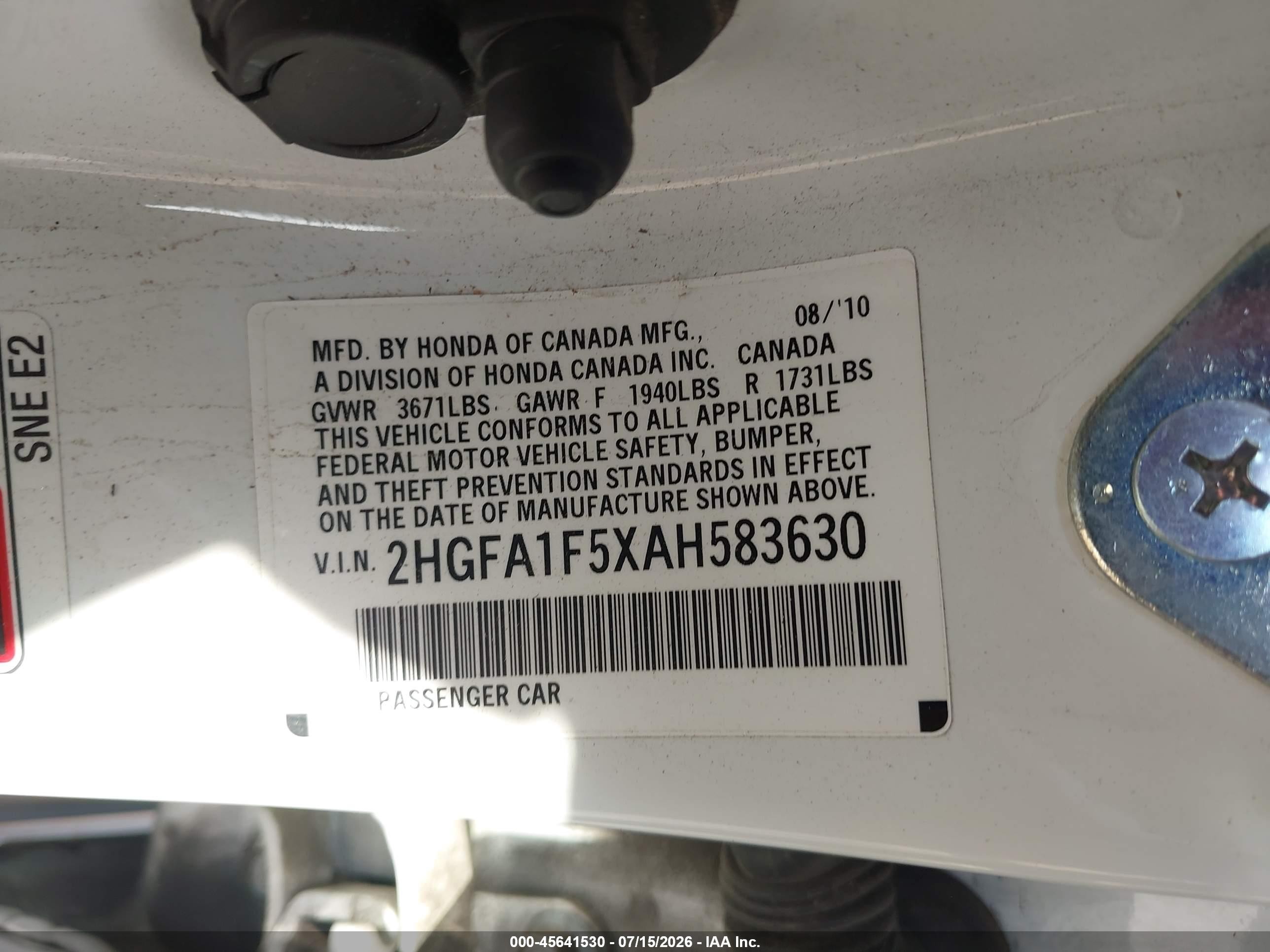 2010 Honda Civic Lx White vin: 2HGFA1F5XAH583630