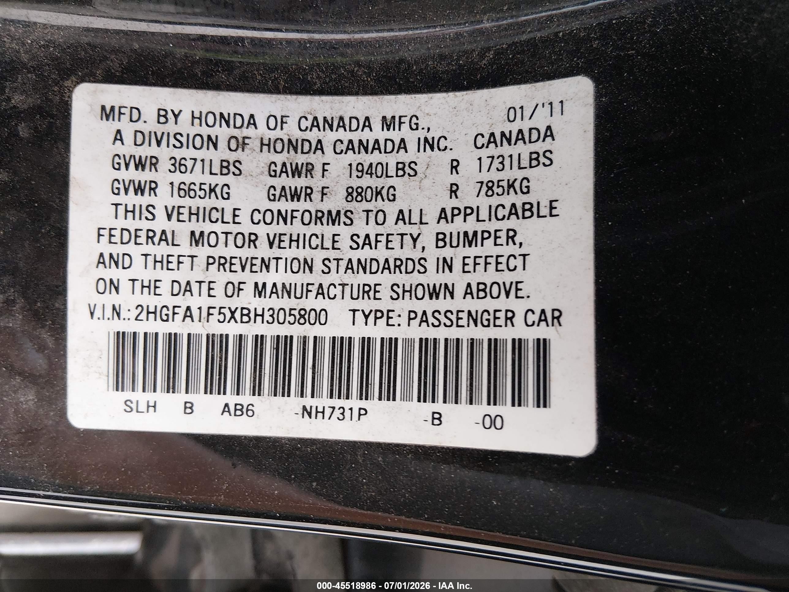 2011 Honda Civic Lx Black vin: 2HGFA1F5XBH305800
