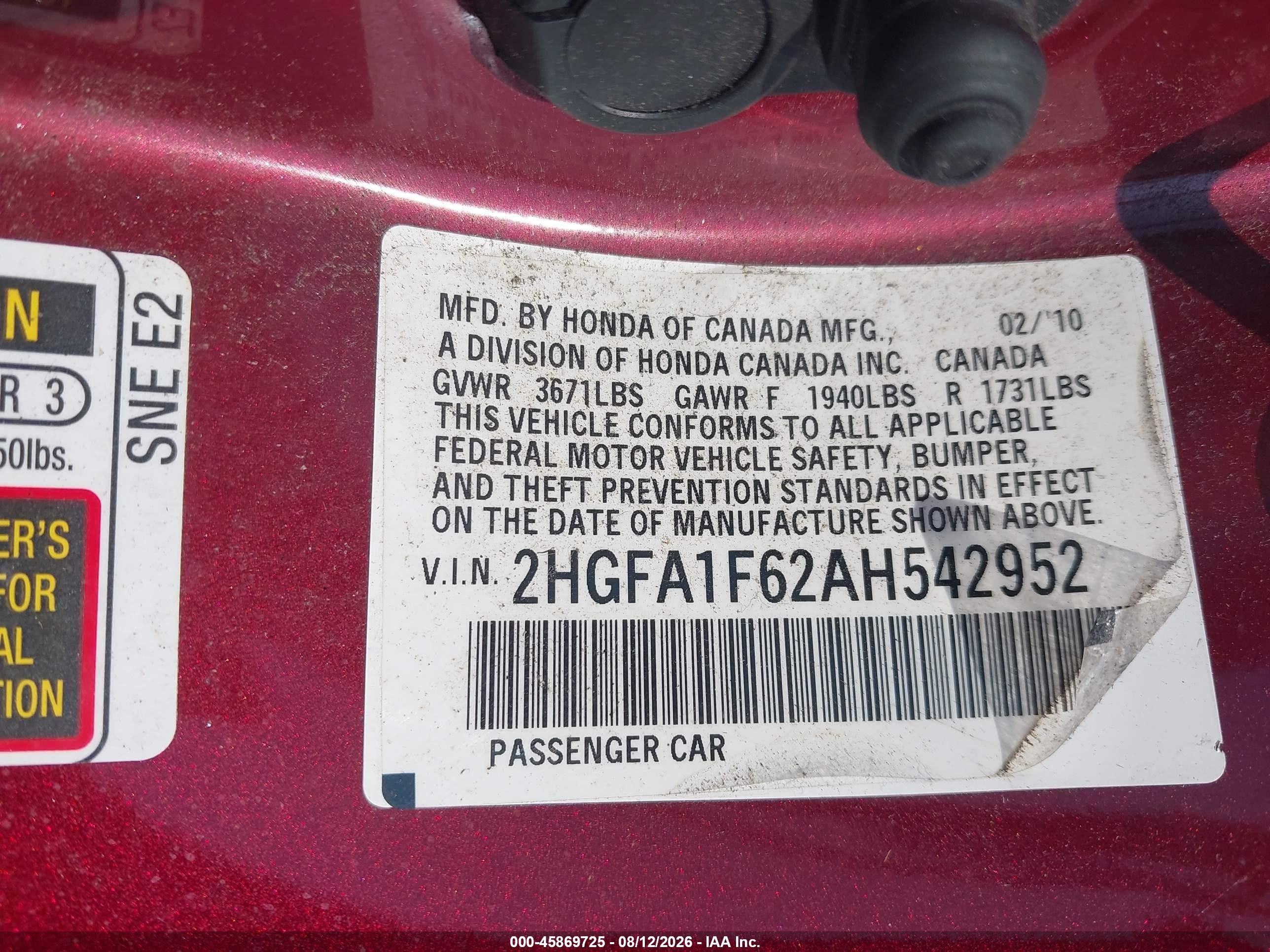 2010 Honda Civic Lx-s Red vin: 2HGFA1F62AH542952