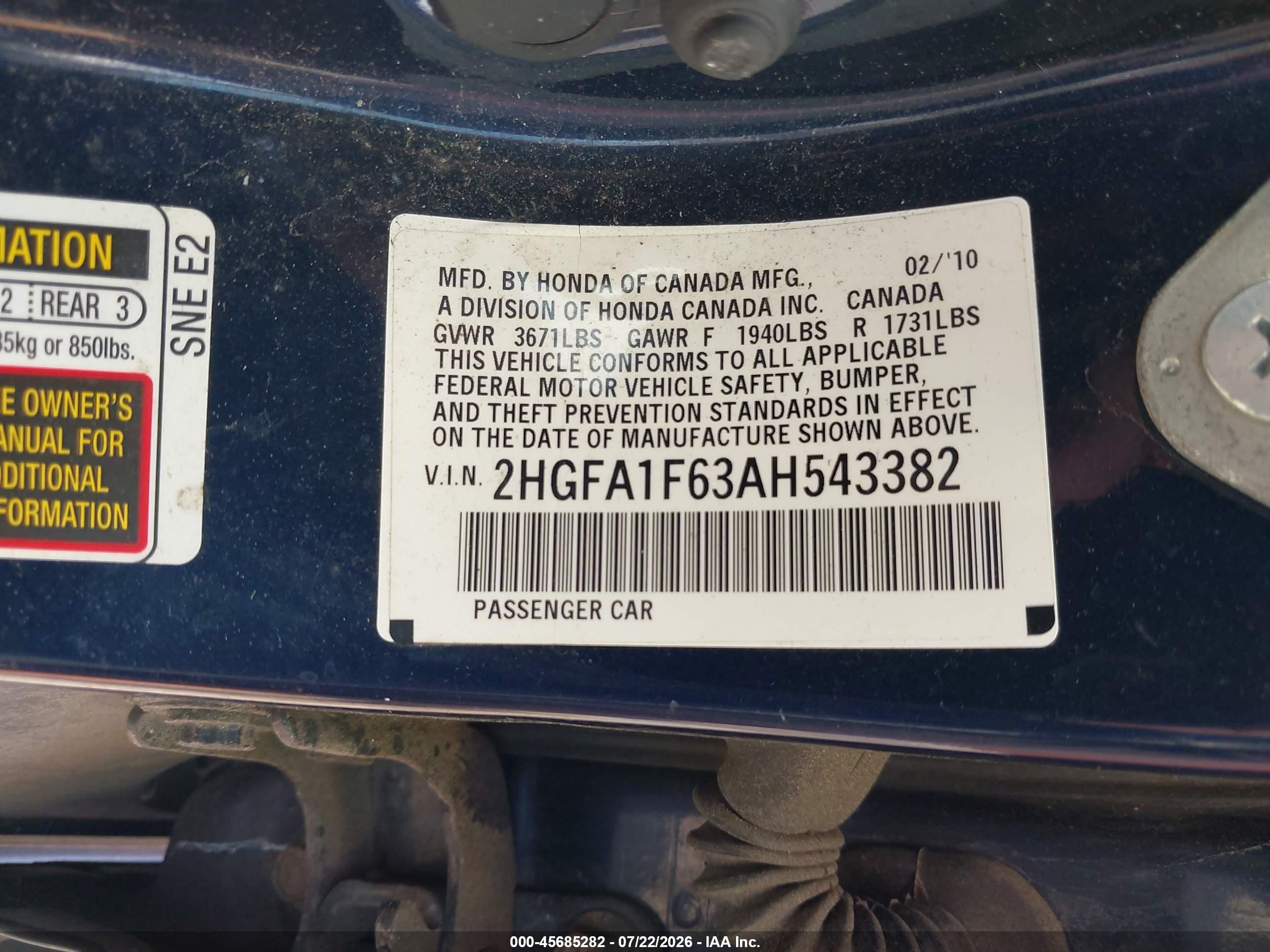 2010 Honda Civic Lx-s Dark Blue vin: 2HGFA1F63AH543382