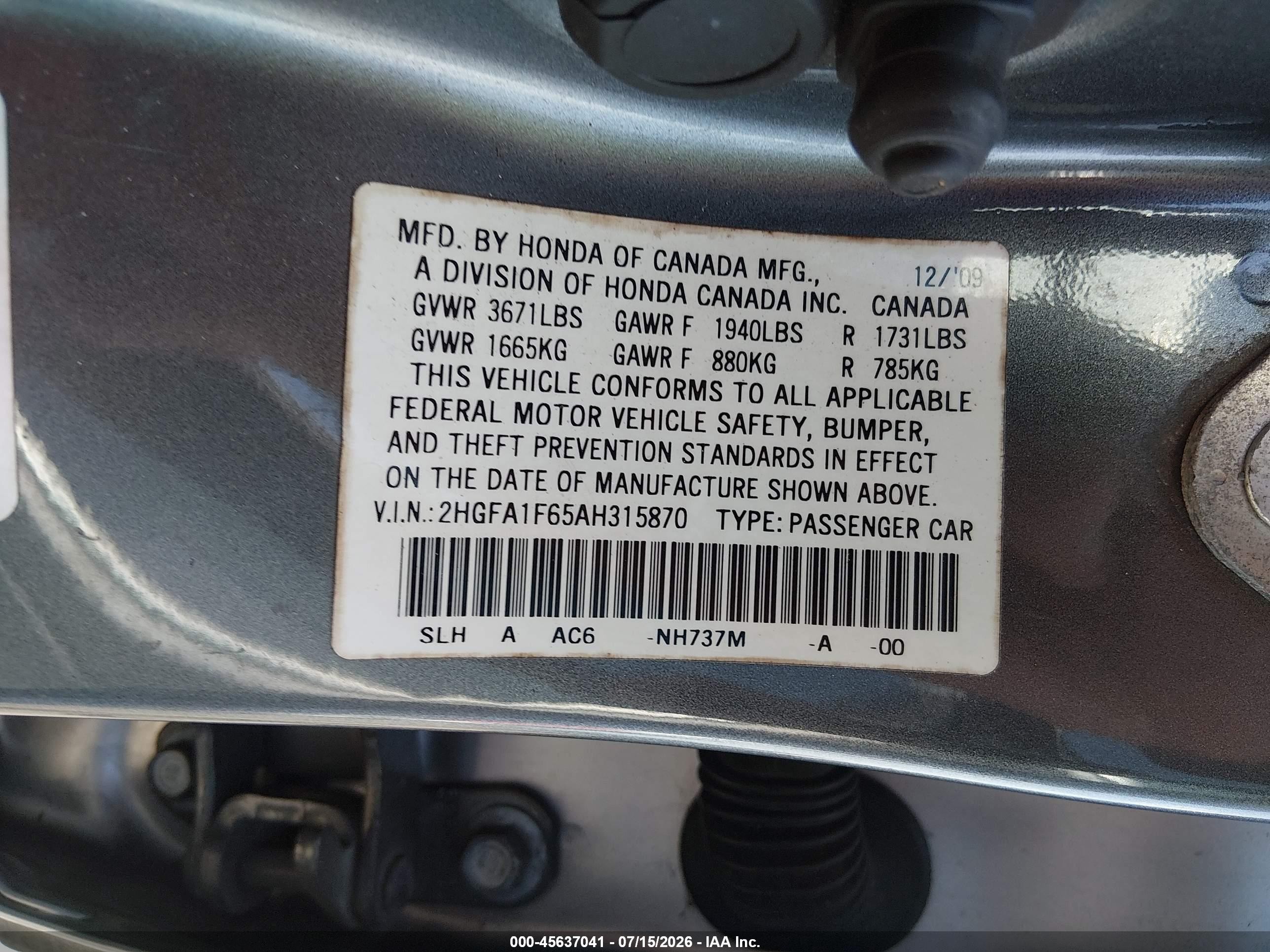 2010 Honda Civic Lx-s Gray vin: 2HGFA1F65AH315870