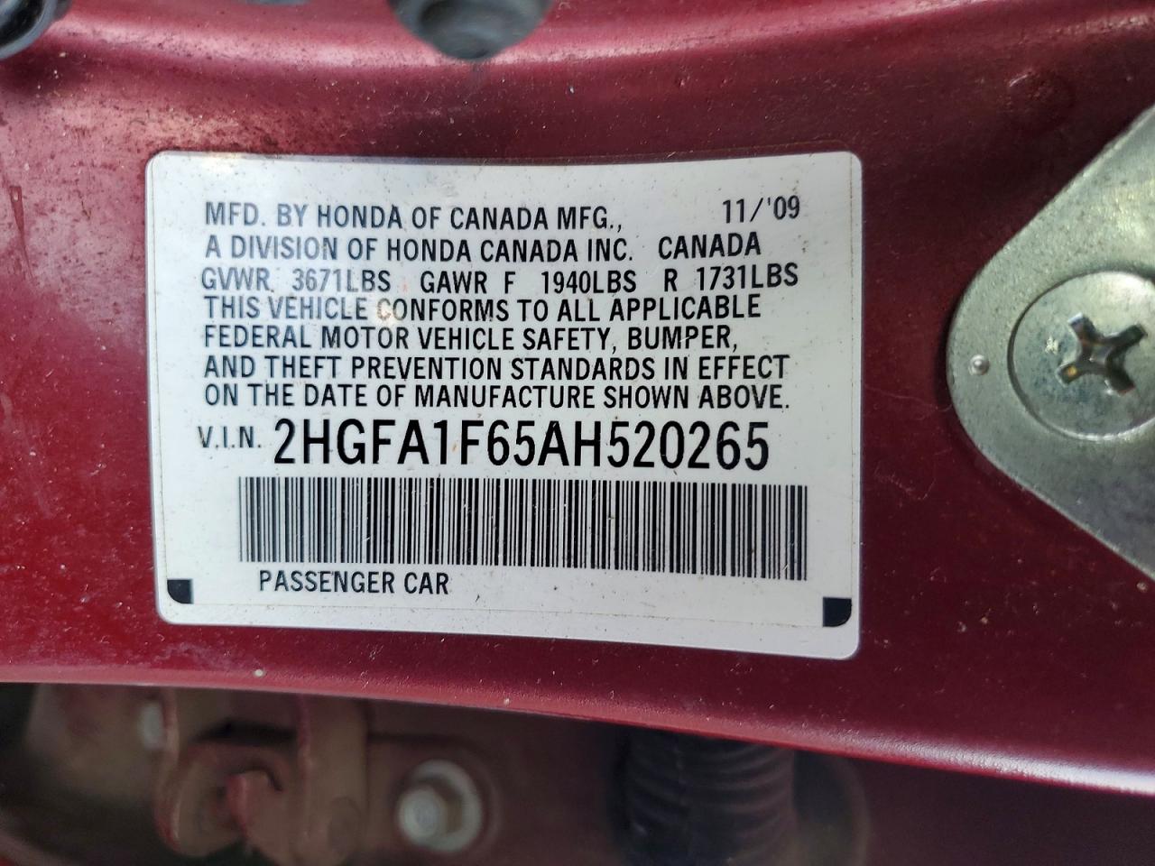 2010 Honda Civic Lx-s Maroon vin: 2HGFA1F65AH520265
