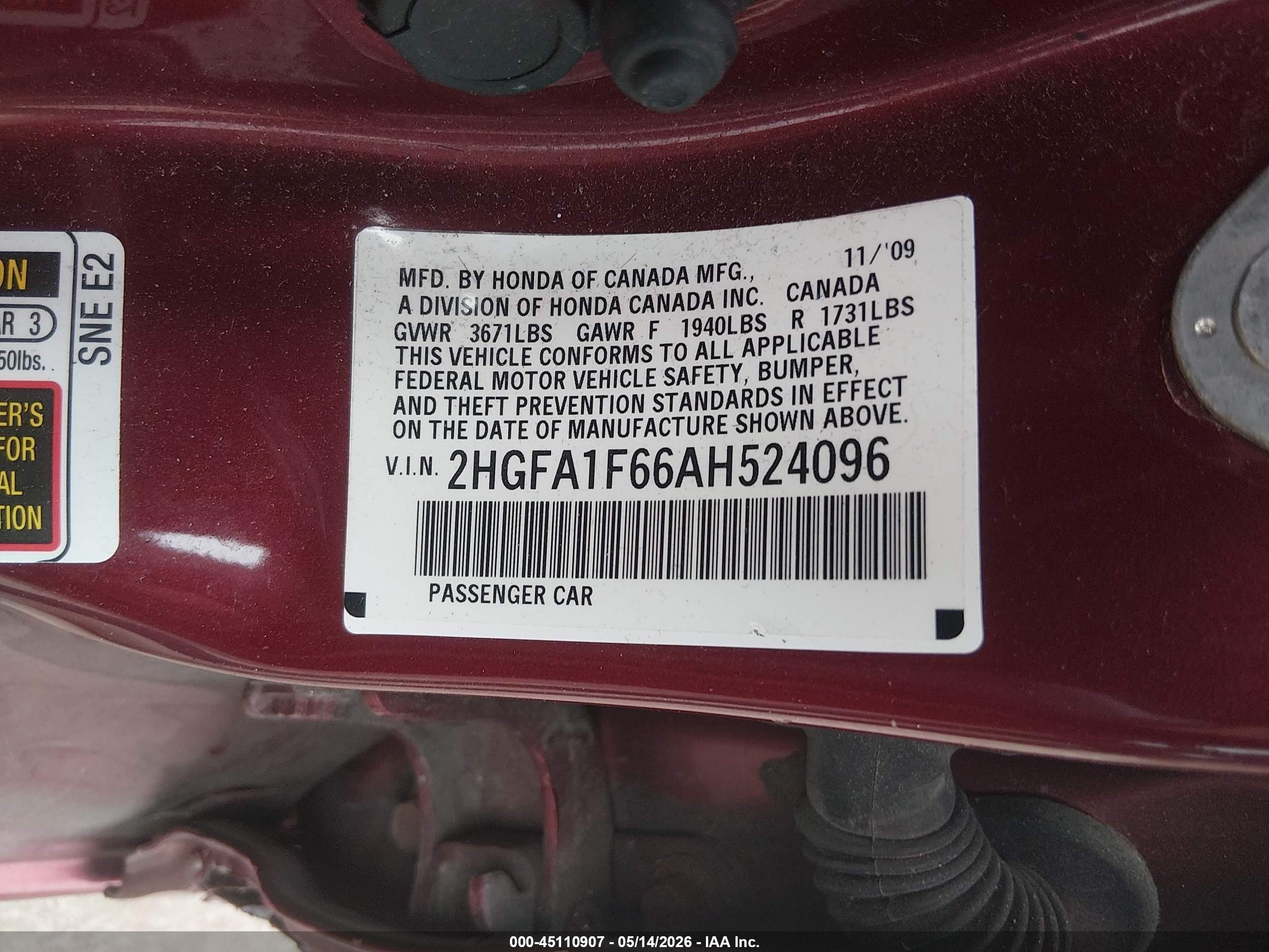 2010 Honda Civic Lx-s Red vin: 2HGFA1F66AH524096