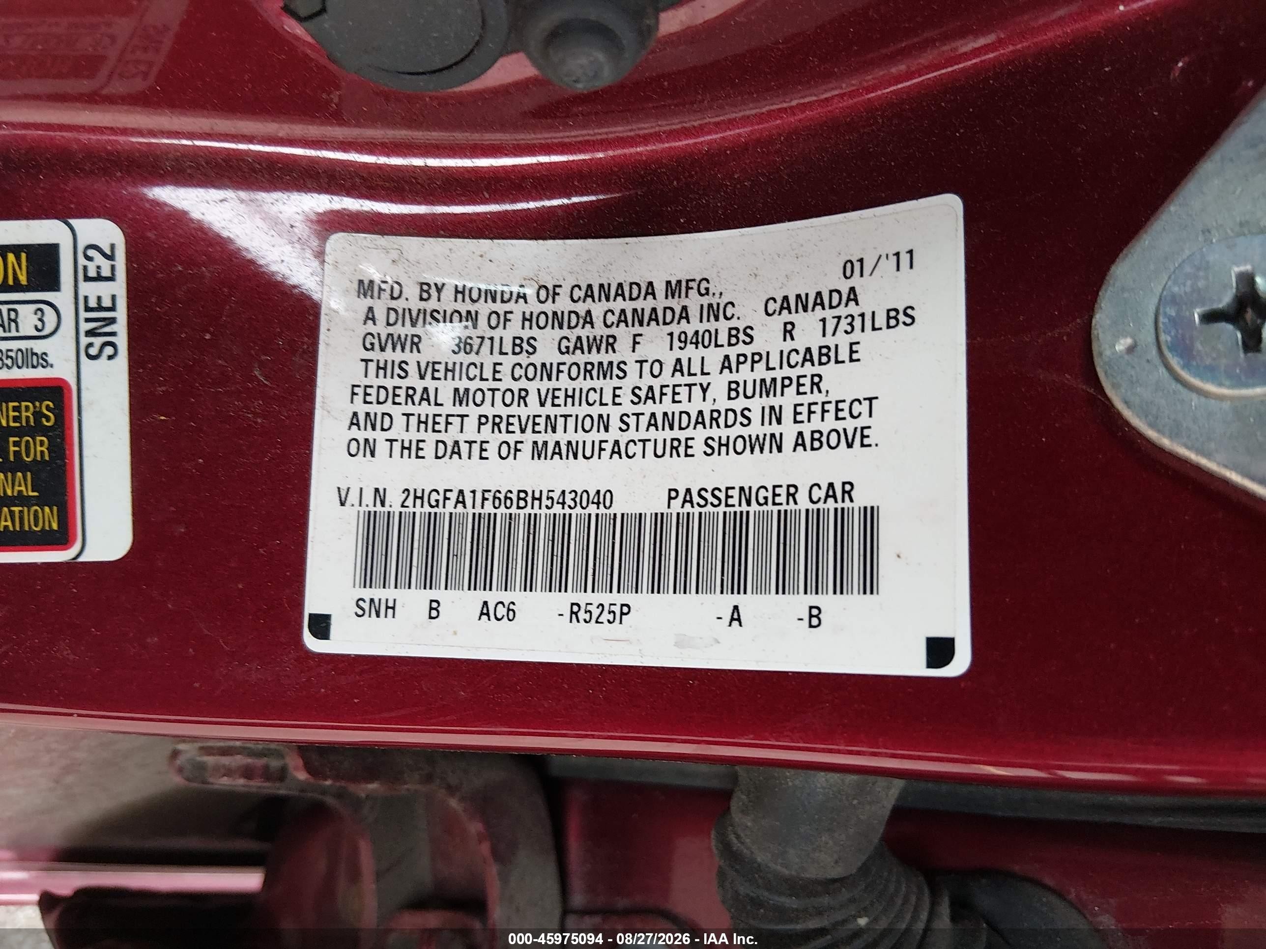 2011 Honda Civic Lx-s Red vin: 2HGFA1F66BH543040