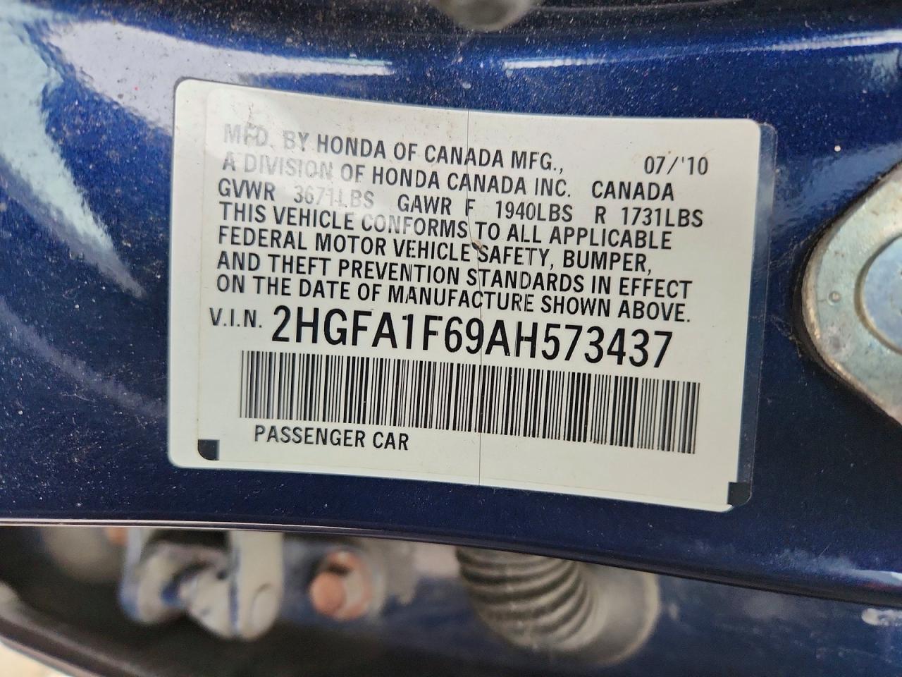 2010 Honda Civic Blue vin: 2HGFA1F69AH573437