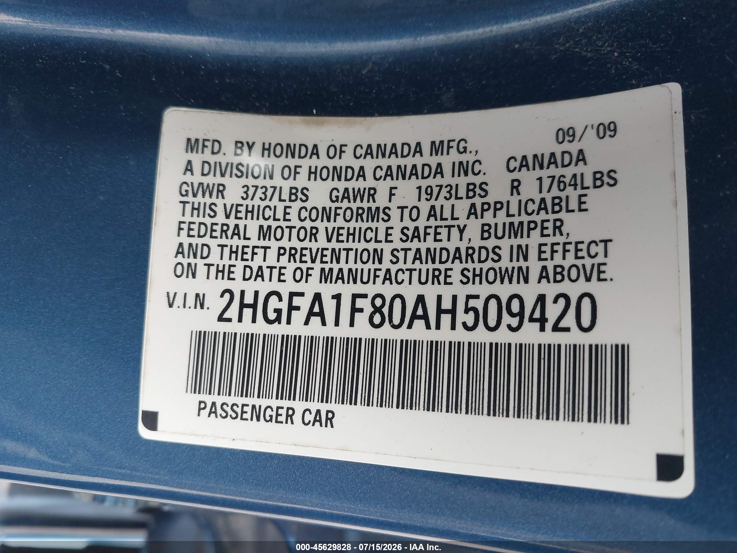 2010 Honda Civic Ex Blue vin: 2HGFA1F80AH509420