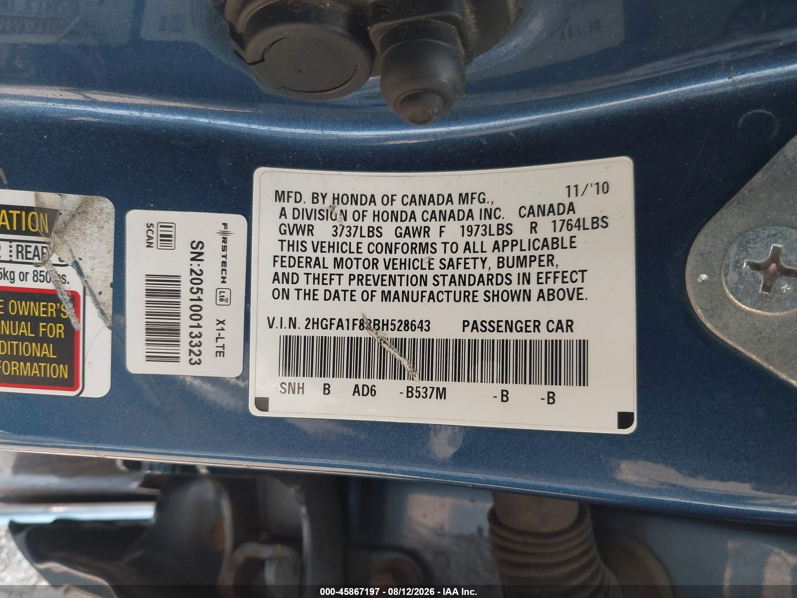 2011 Honda Civic Ex Blue vin: 2HGFA1F83BH528643