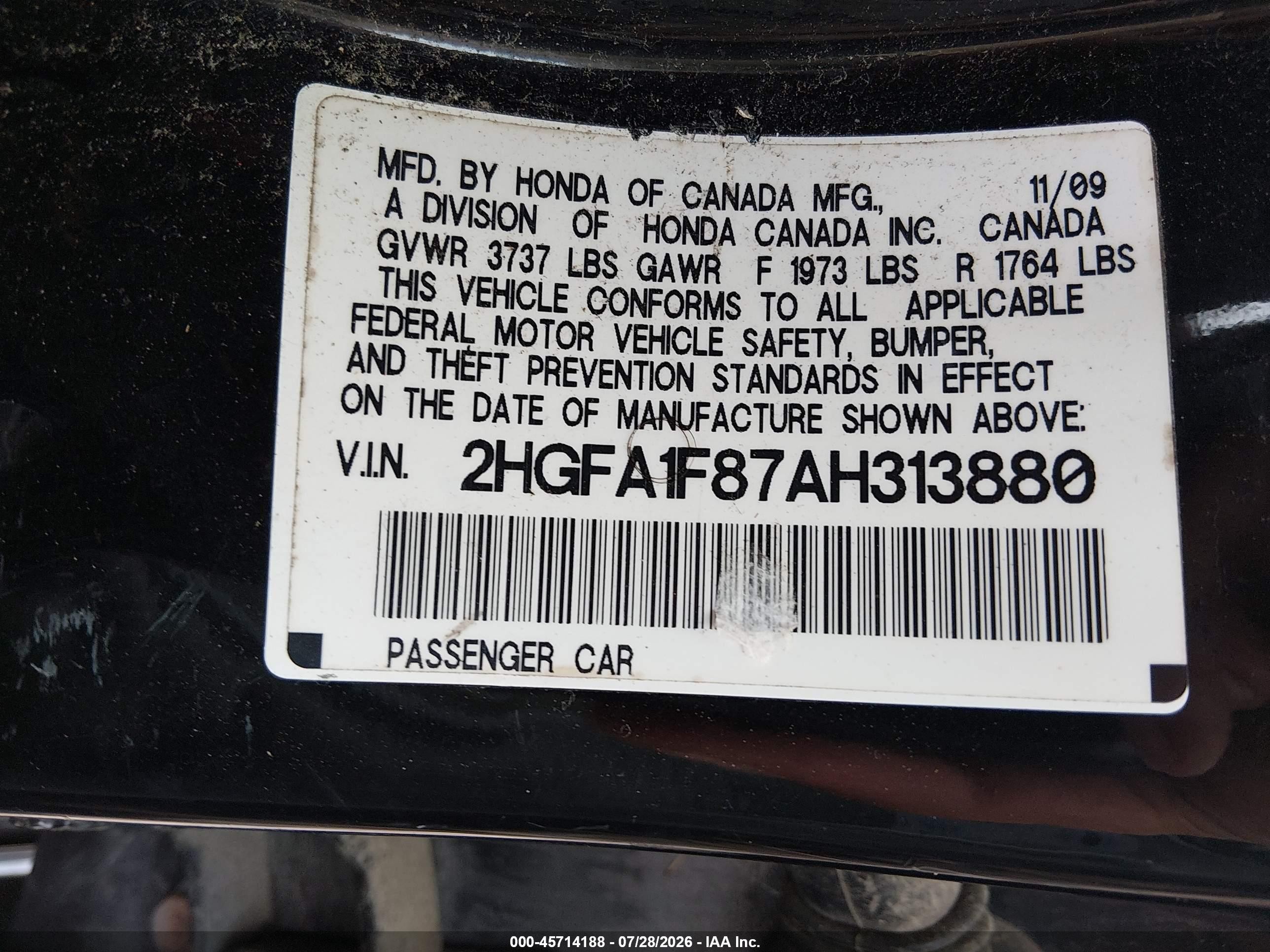 2010 Honda Civic Ex Black vin: 2HGFA1F87AH313880