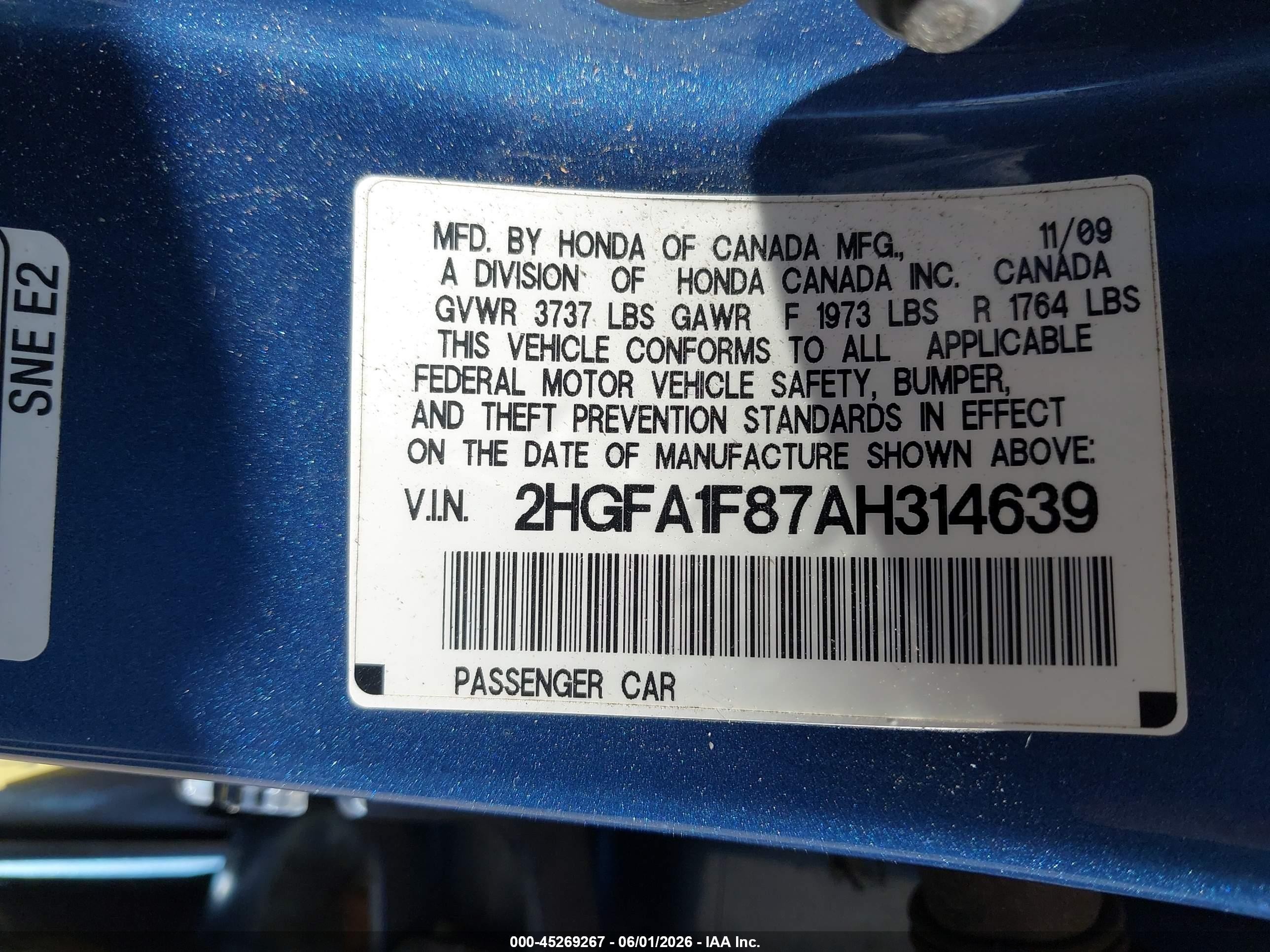 2010 Honda Civic Ex Blue vin: 2HGFA1F87AH314639