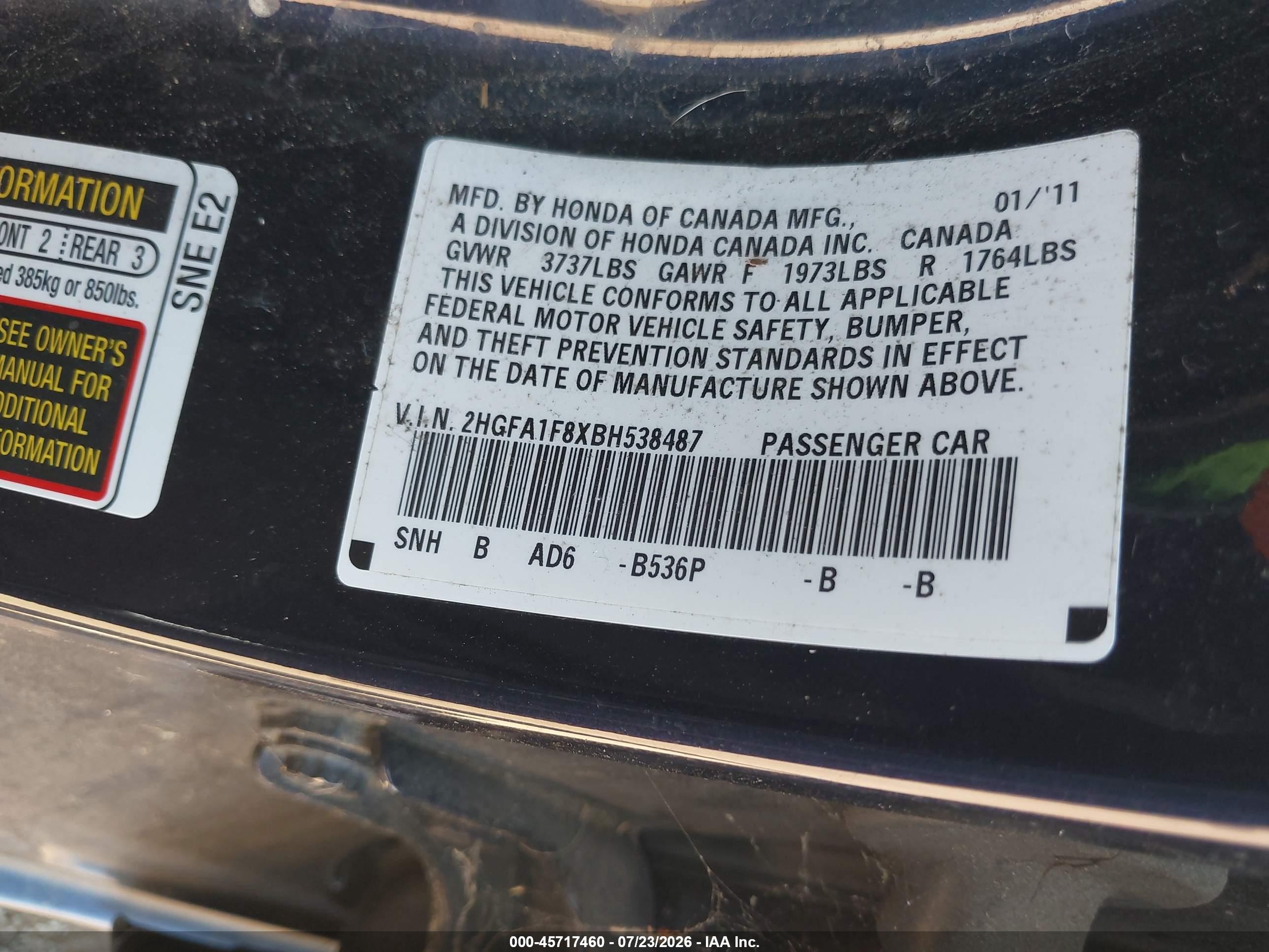 2011 Honda Civic Ex Dark Blue vin: 2HGFA1F8XBH538487