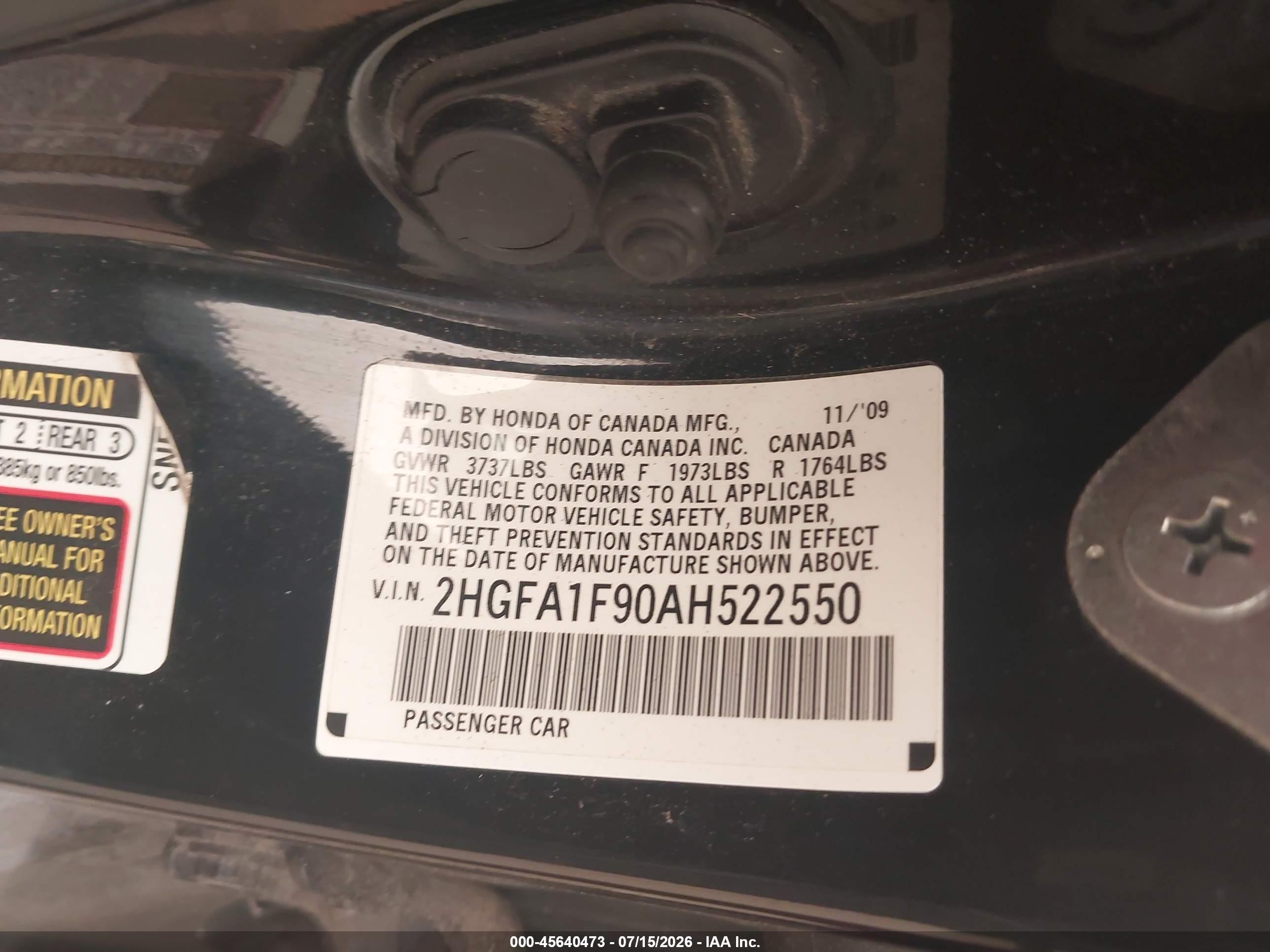 2010 Honda Civic Ex-l Black vin: 2HGFA1F90AH522550