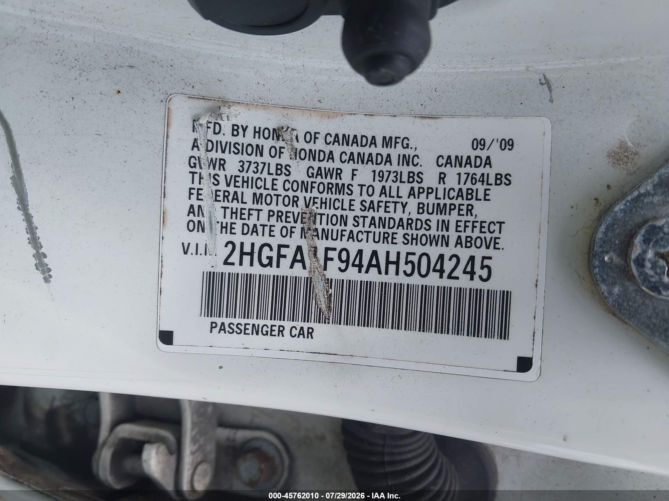 2010 Honda Civic Ex-l White vin: 2HGFA1F94AH504245