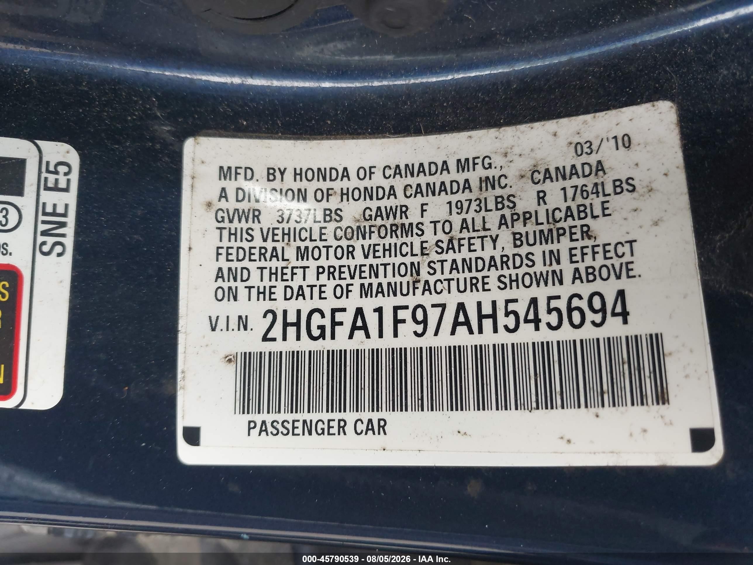 2010 Honda Civic Ex-l Blue vin: 2HGFA1F97AH545694