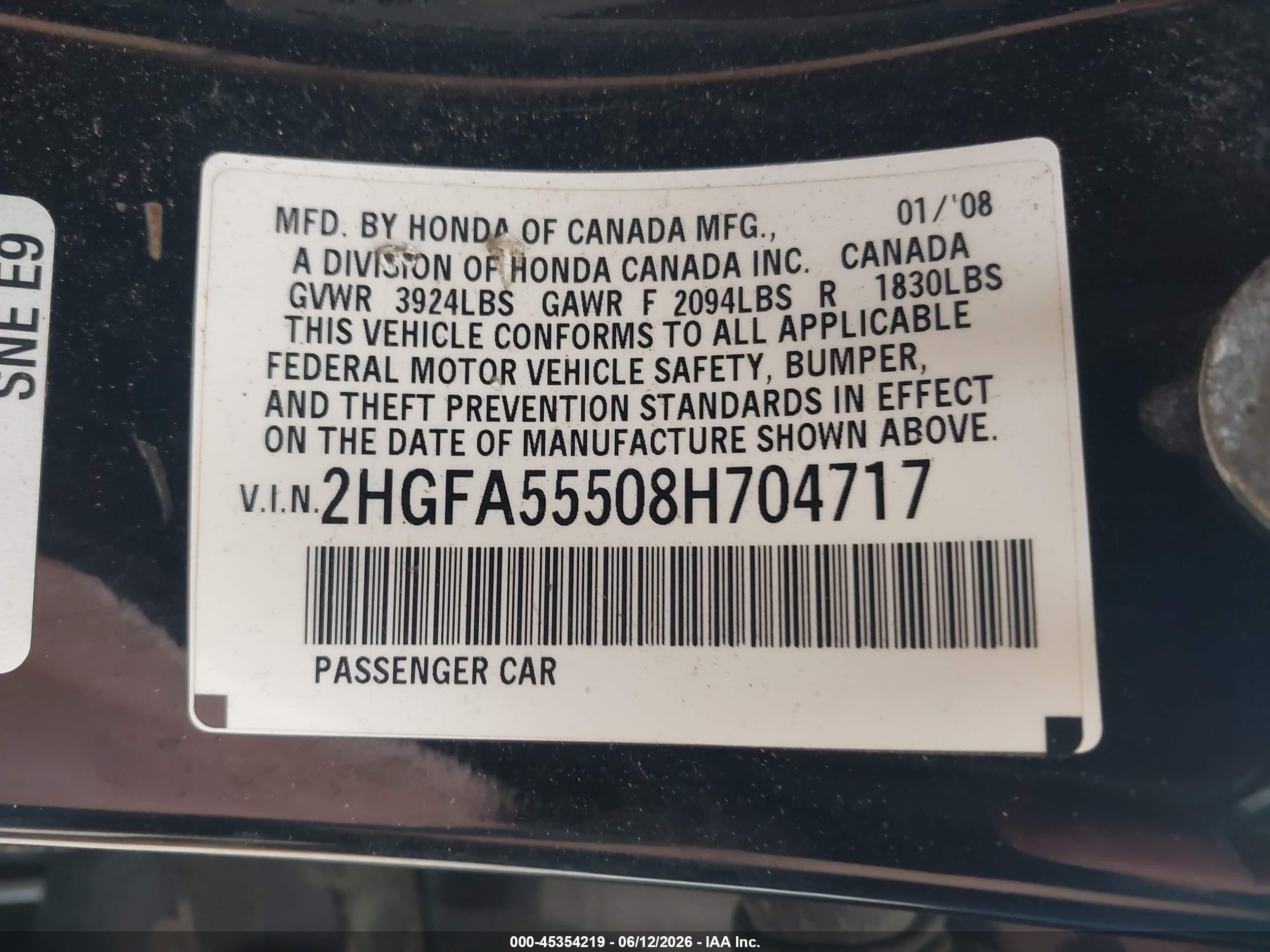 2008 Honda Civic Si/si Mugen Black vin: 2HGFA55508H704717
