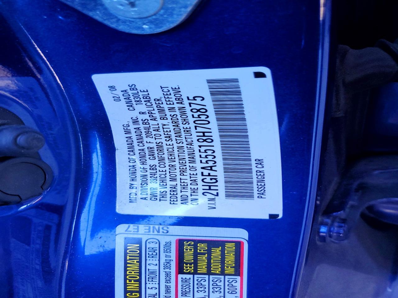 2008 Honda Civic Si Blue vin: 2HGFA55518H705875